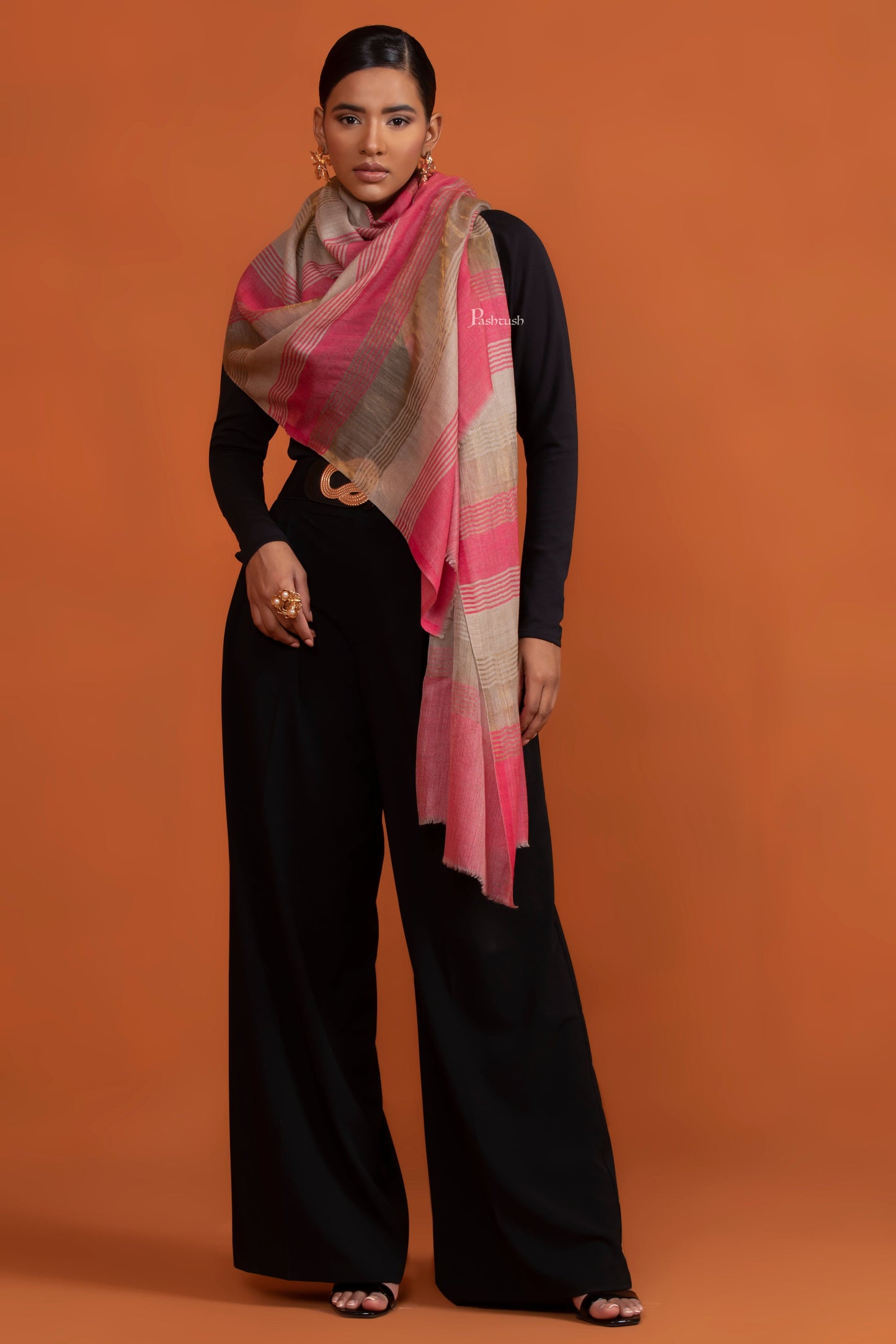 Pashtush India womens scarf and Stoles Pashtush Womens Extra Fine Wool Stole, Twilight Collection Striped Design, Pink And Gold