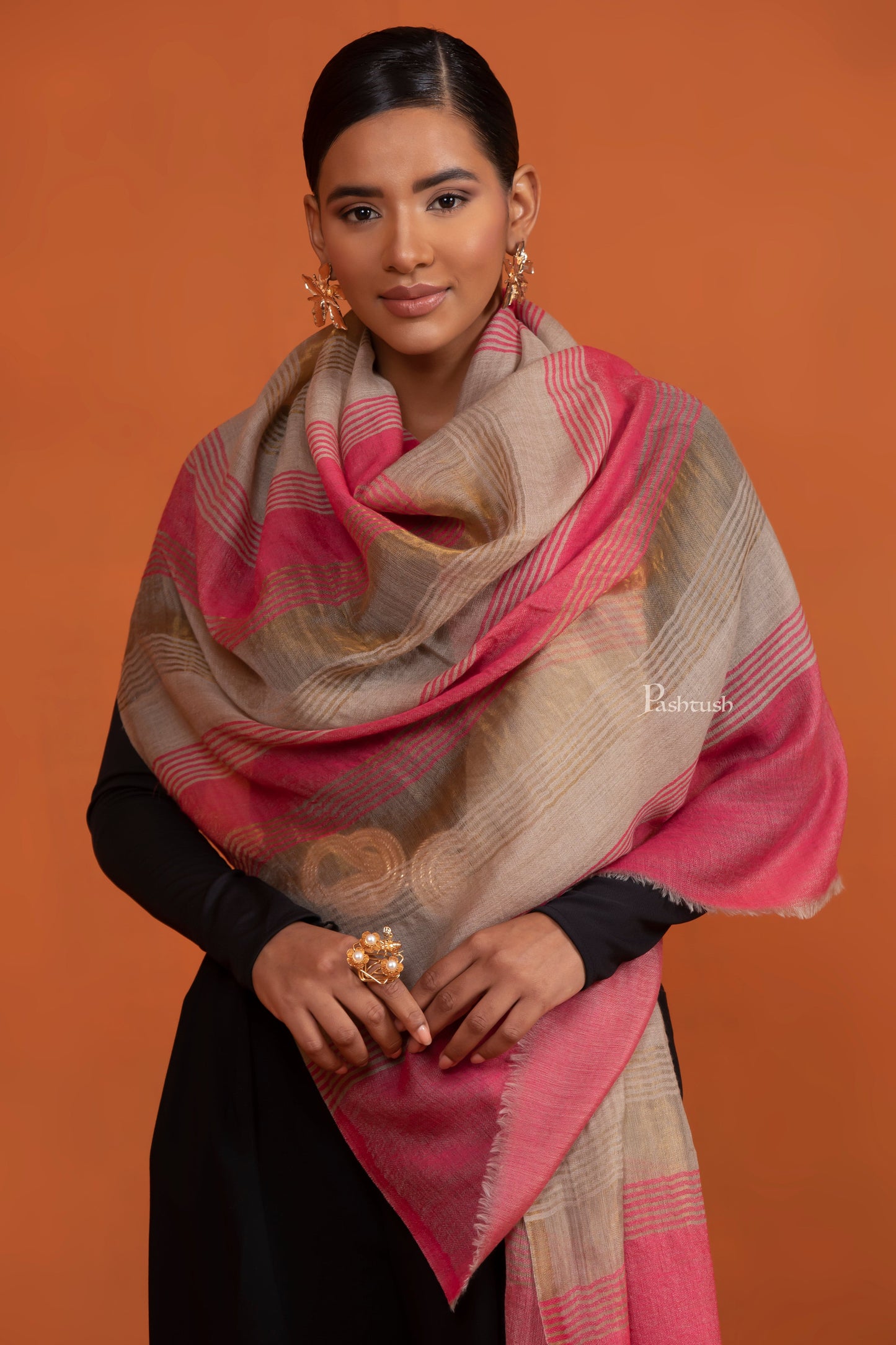 Pashtush India womens scarf and Stoles Pashtush Womens Extra Fine Wool Stole, Twilight Collection Striped Design, Pink And Gold