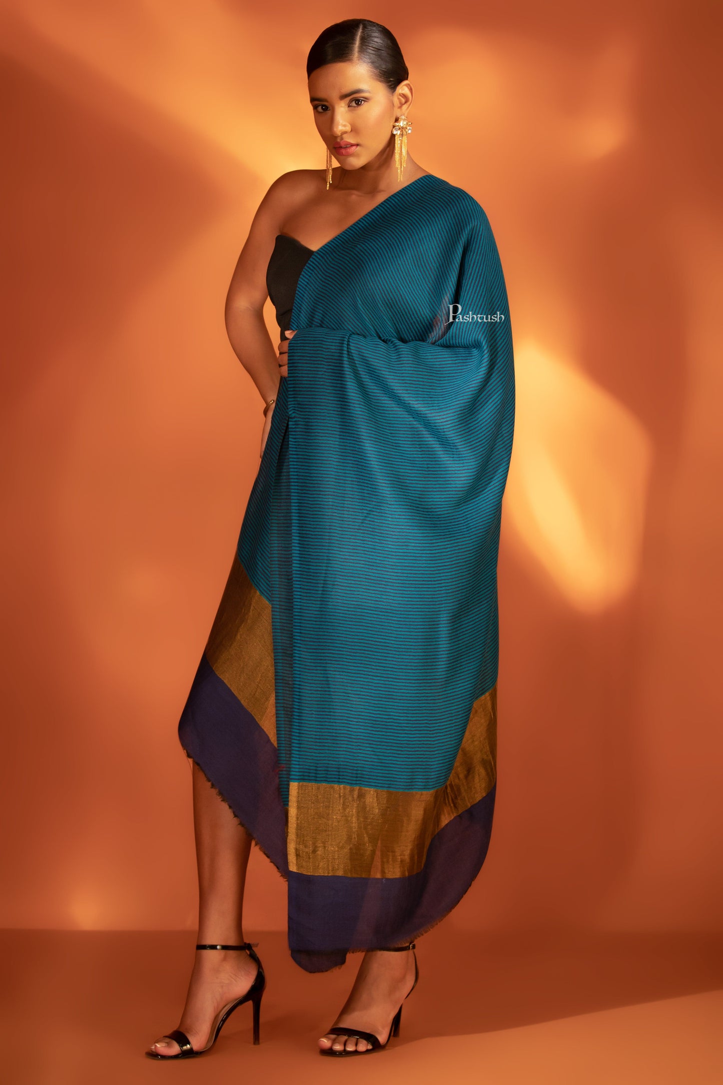 Pashtush India womens scarf and Stoles Pashtush Womens Extra Fine Wool Stole, Twilight Collection, Striped Gold Design, Royal Blue