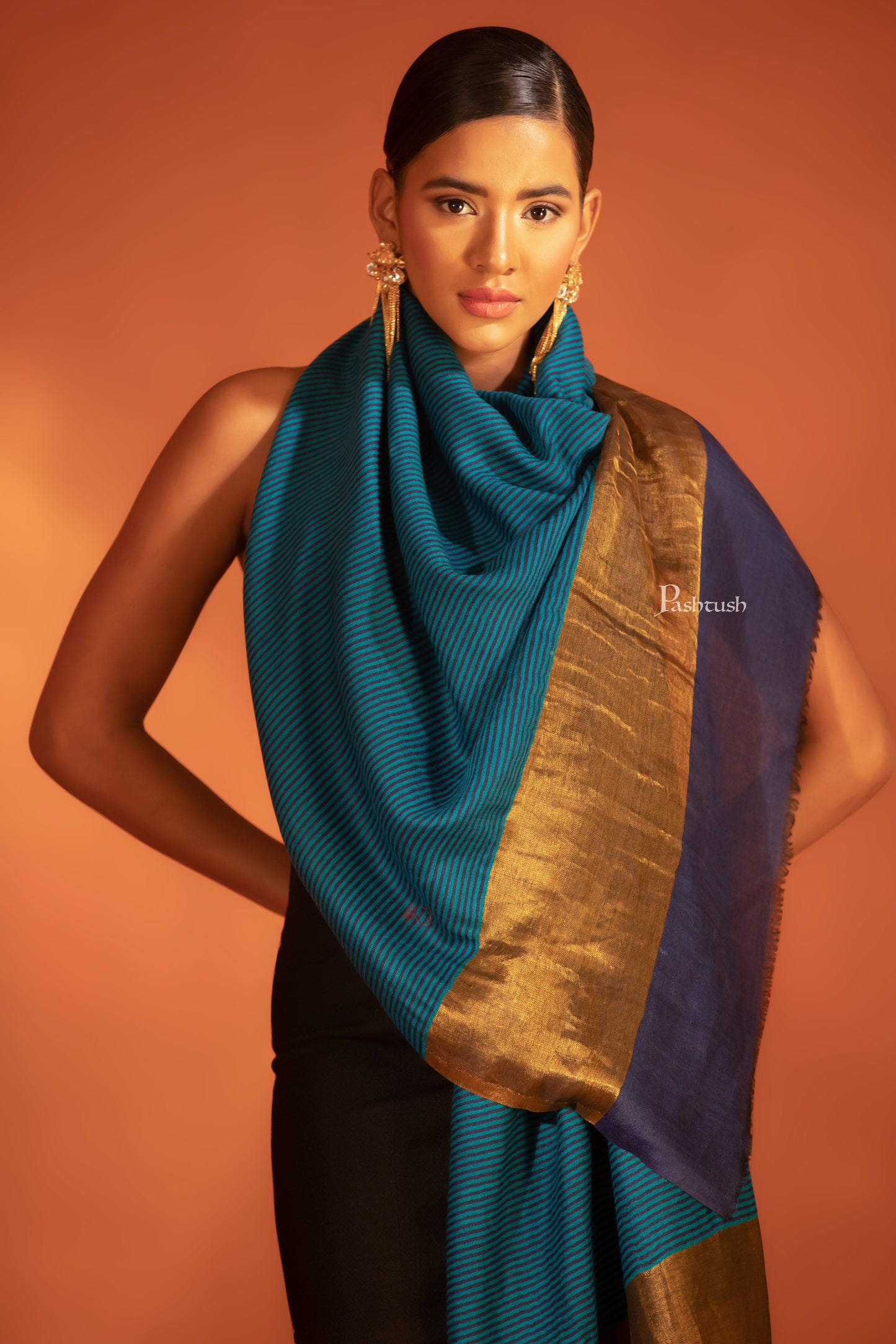 Pashtush India womens scarf and Stoles Pashtush Womens Extra Fine Wool Stole, Twilight Collection, Striped Gold Design, Royal Blue