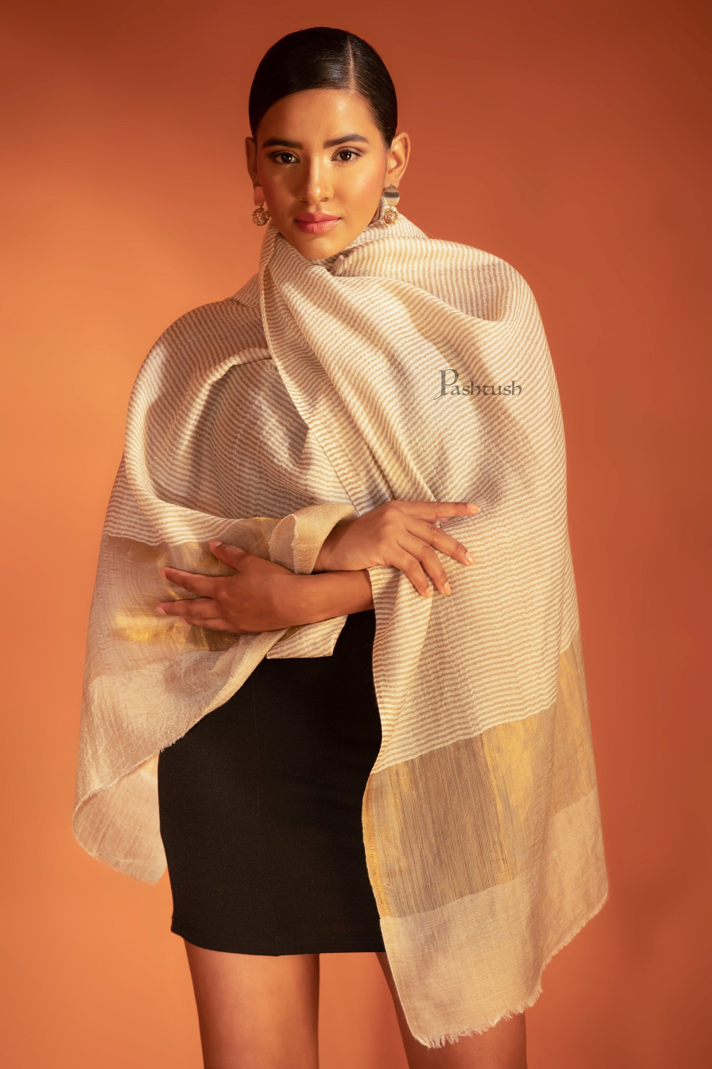 Pashtush India womens scarf and Stoles Pashtush Womens Extra Fine Wool Stole, Twilight Stripe Design, Ivory