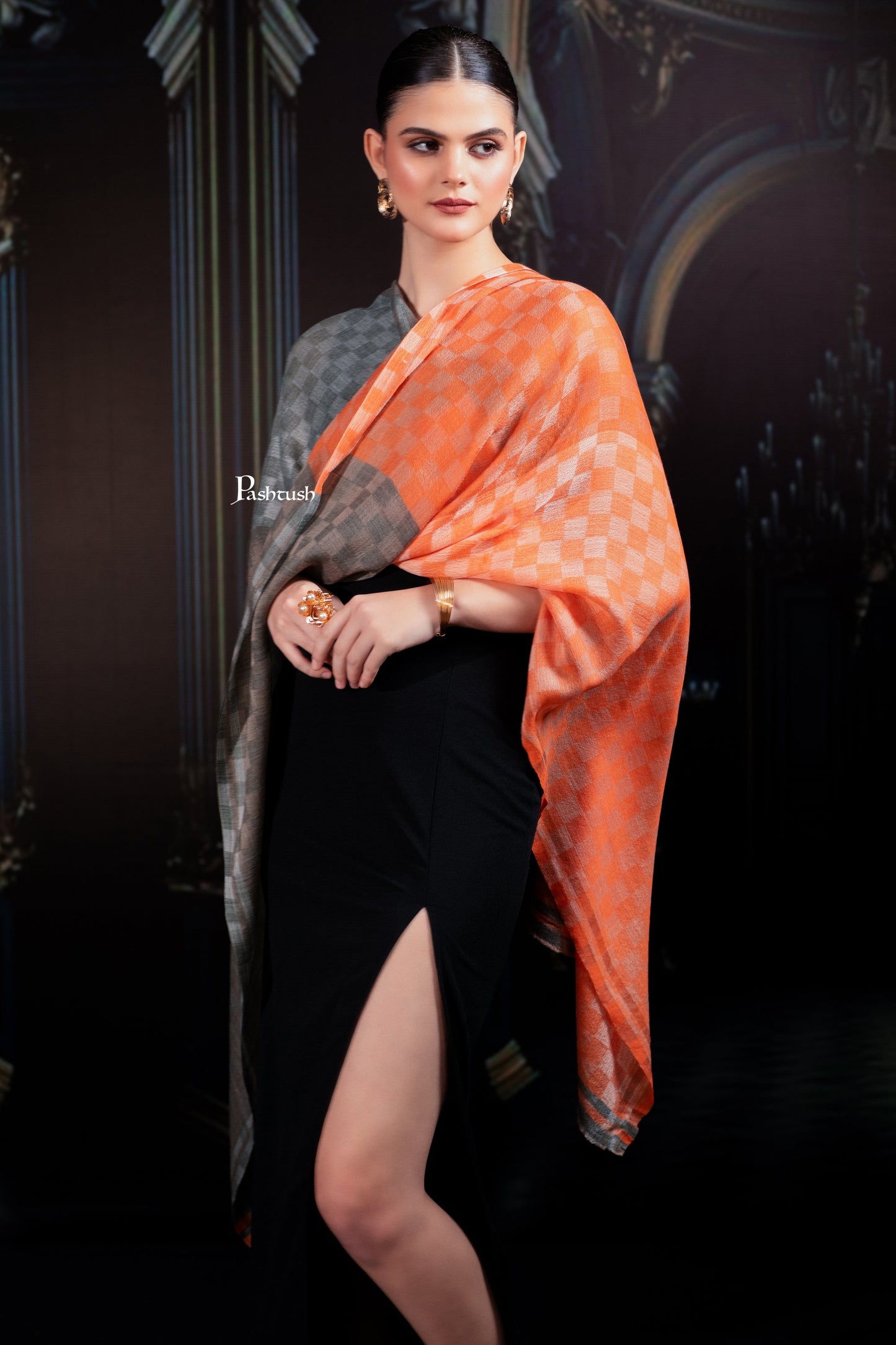 Pashtush India Womens Shawls Pashtush Womens Extra Fine Wool Stole, Twin Colour Weave Checkered Design, Amber And Grey