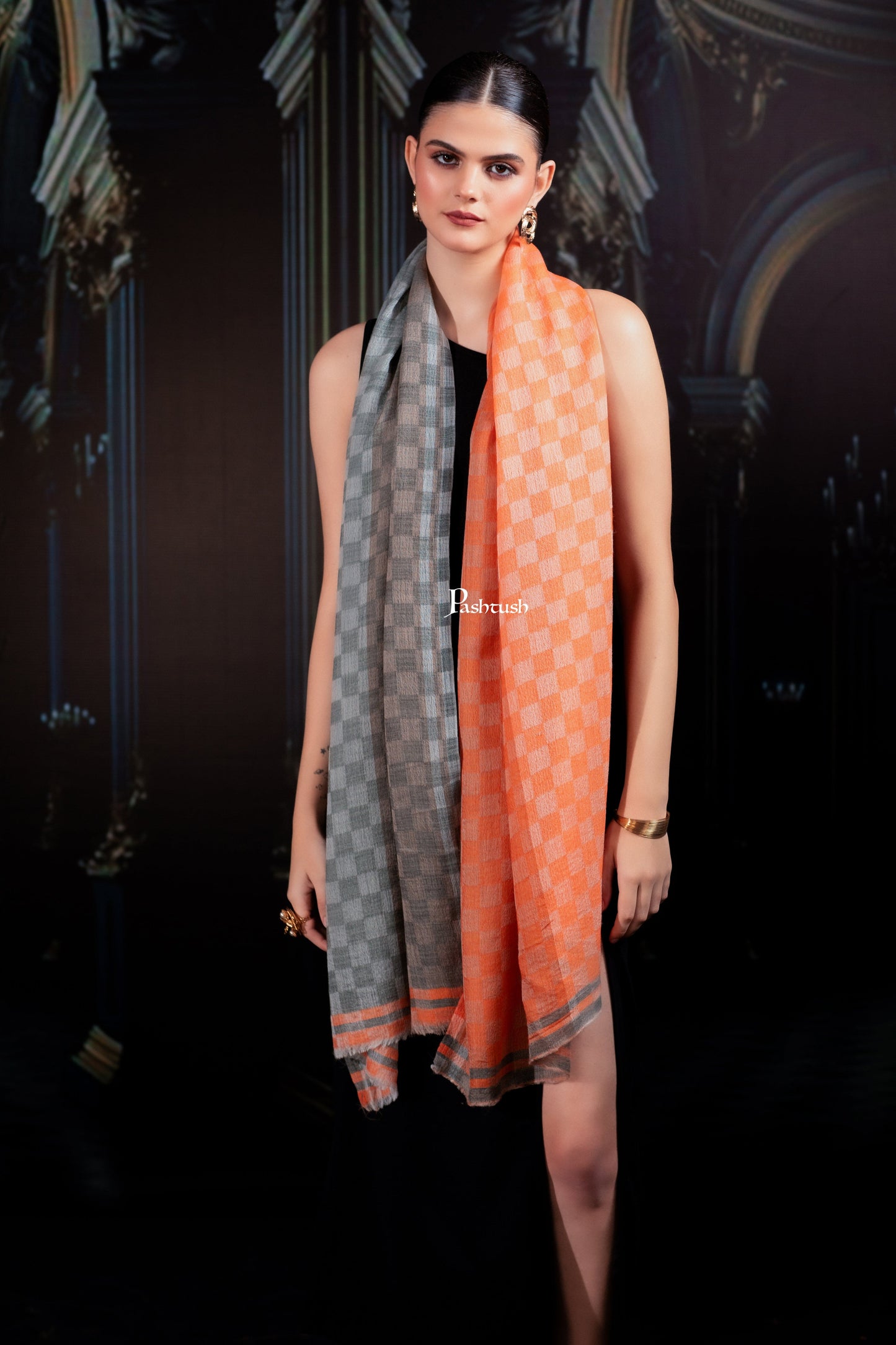 Pashtush India Womens Shawls Pashtush Womens Extra Fine Wool Stole, Twin Colour Weave Checkered Design, Amber And Grey