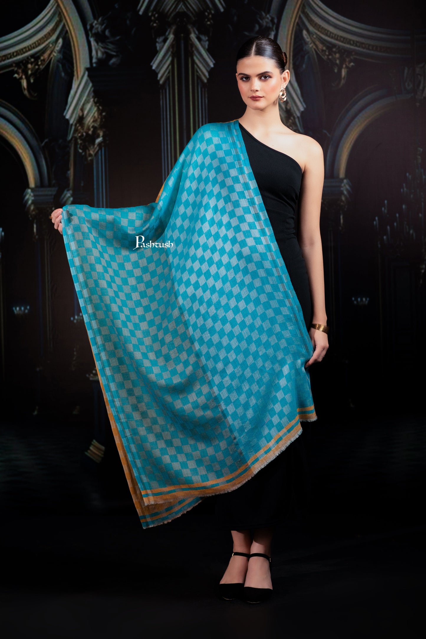 Pashtush India Womens Shawls Pashtush Womens Extra Fine Wool Stole, Twin Colour Weave Checkered Design, Sage And Teal