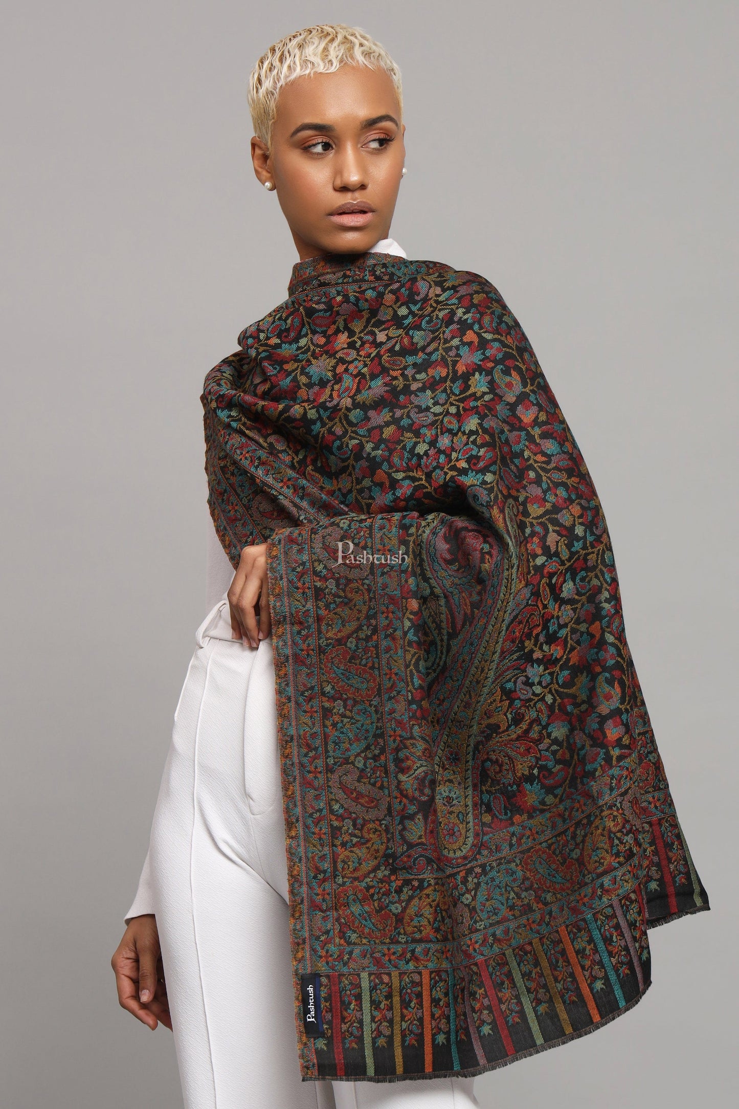 Pashtush India Womens Stoles Pashtush Womens Extra Fine Wool Stole, Woven Ethnic Weave Design, Black