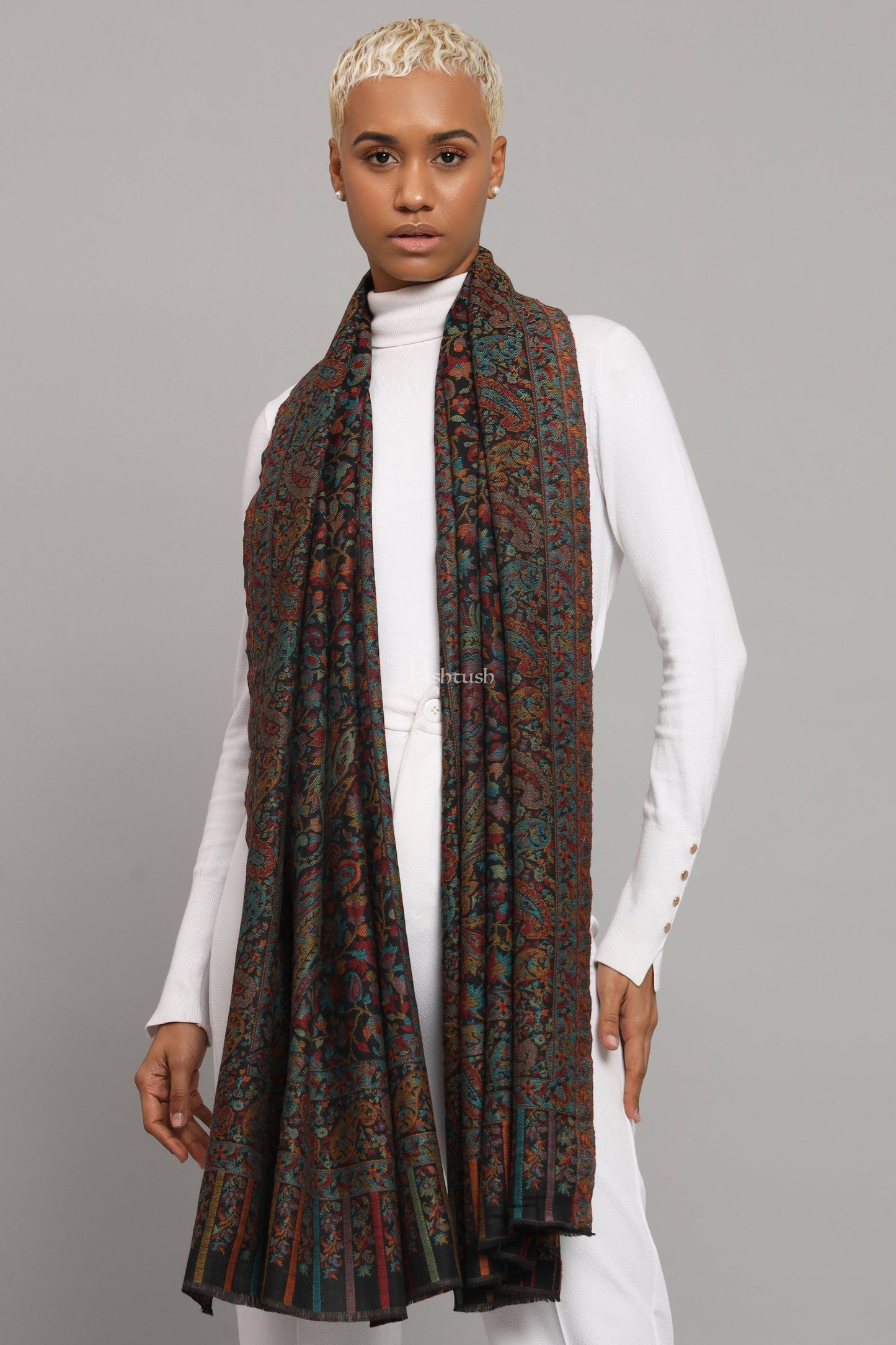Pashtush India Womens Stoles Pashtush Womens Extra Fine Wool Stole, Woven Ethnic Weave Design, Black