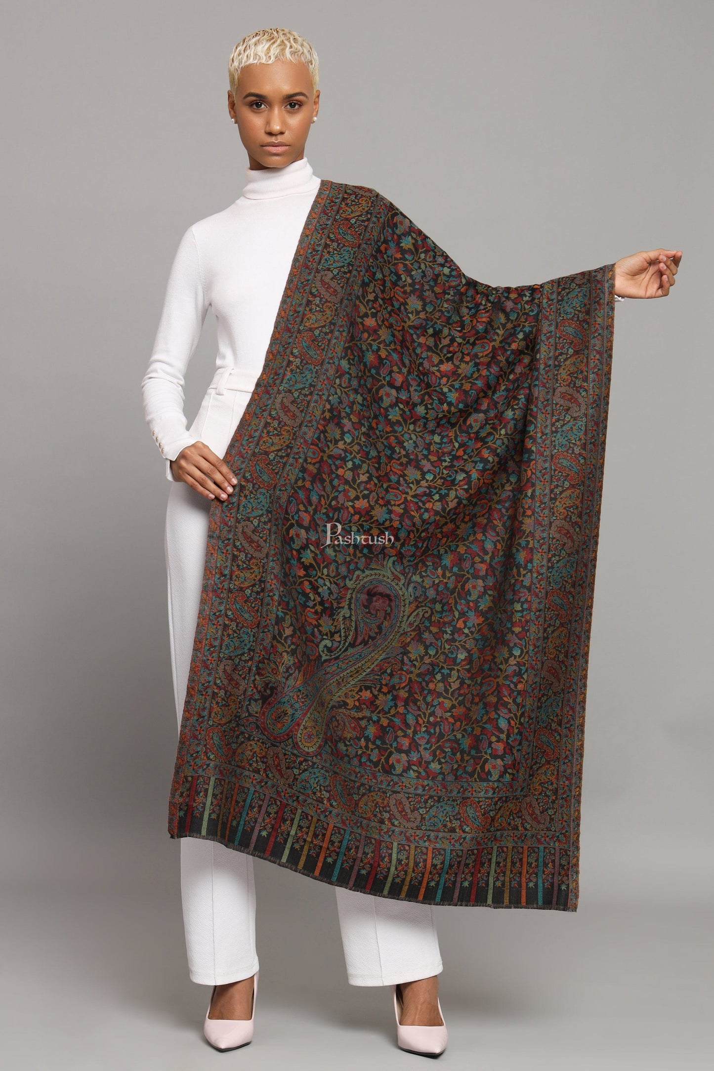 Pashtush India Womens Stoles Pashtush Womens Extra Fine Wool Stole, Woven Ethnic Weave Design, Black