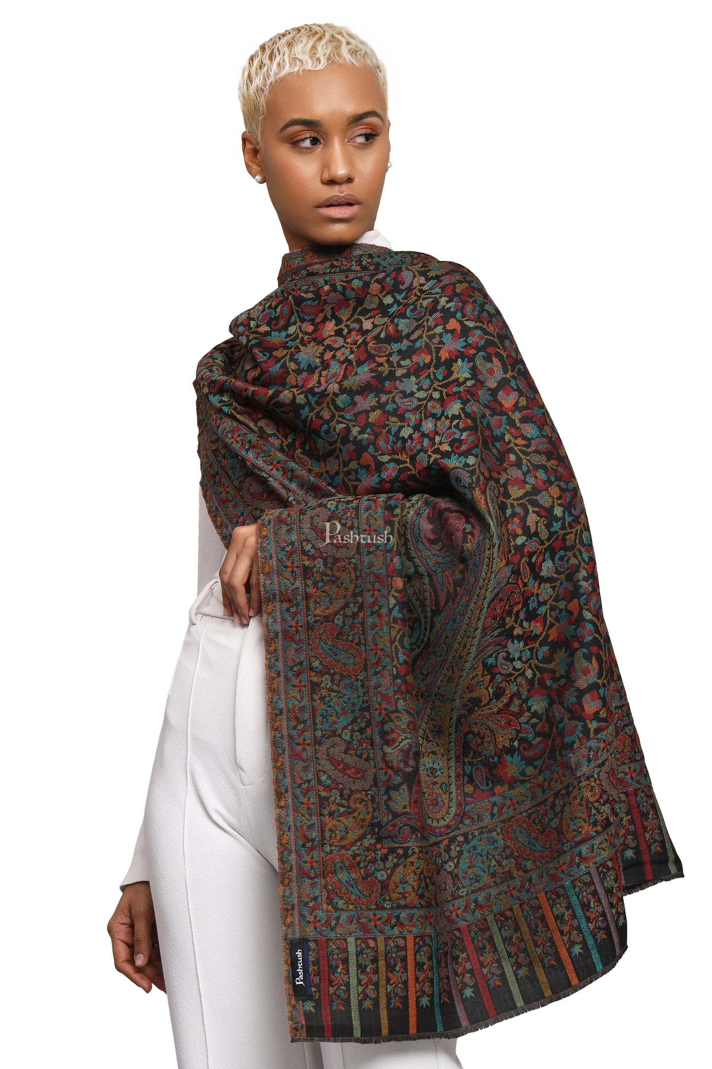 Pashtush India Womens Stoles Pashtush Womens Extra Fine Wool Stole, Woven Ethnic Weave Design, Black