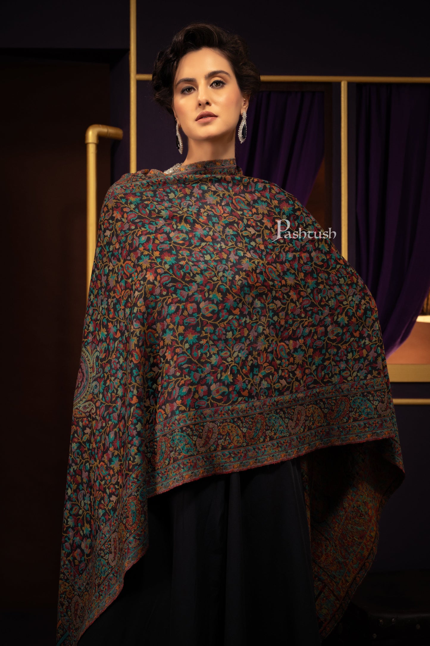 Pashtush India Womens Stoles Pashtush Womens Extra Fine Wool Stole, Woven Ethnic Weave Design, Black
