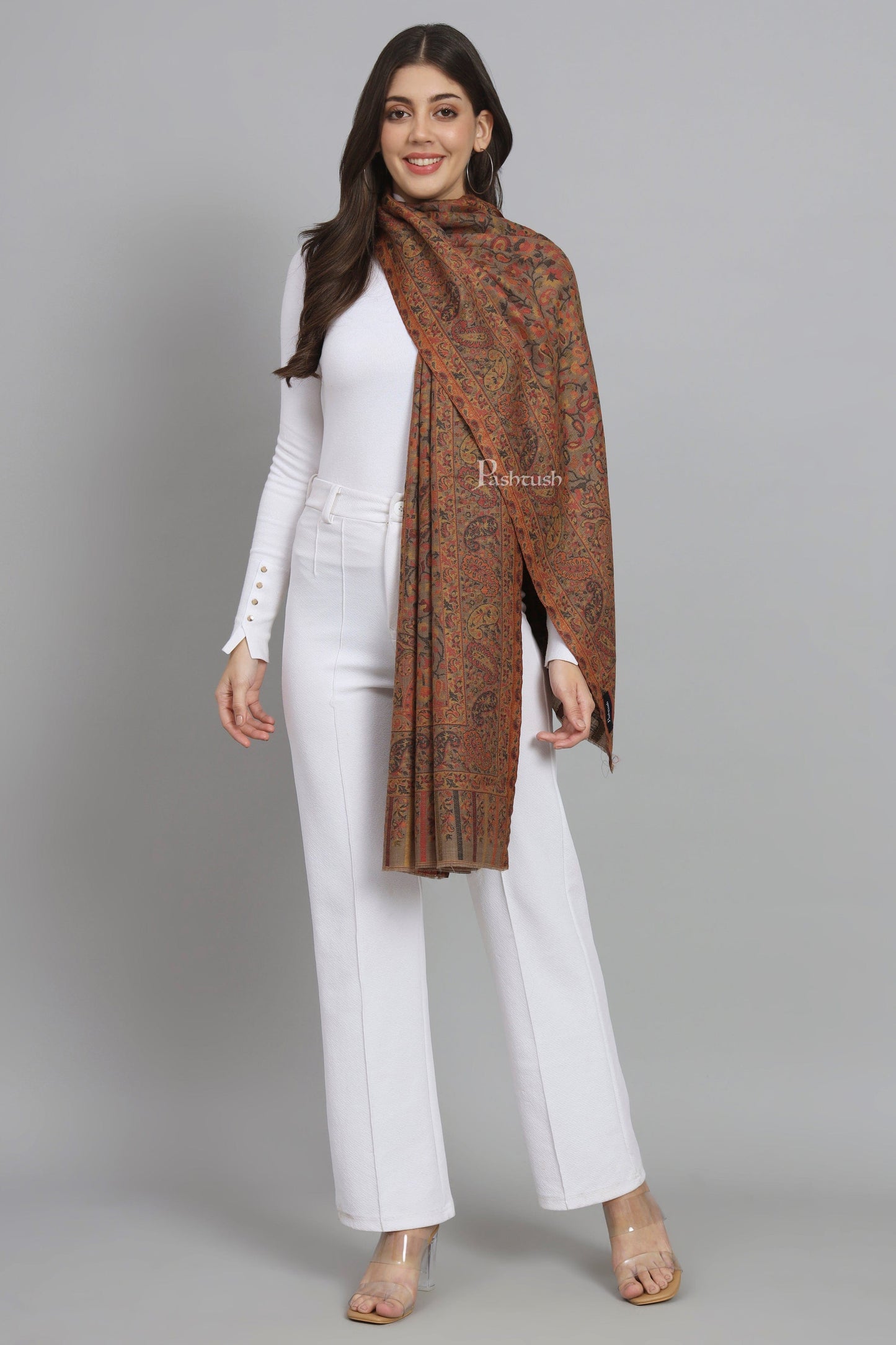 Pashtush India Womens Stoles and Scarves Scarf Pashtush Womens Extra Fine Wool Stole, Woven Ethnic Weave Design, Taupe