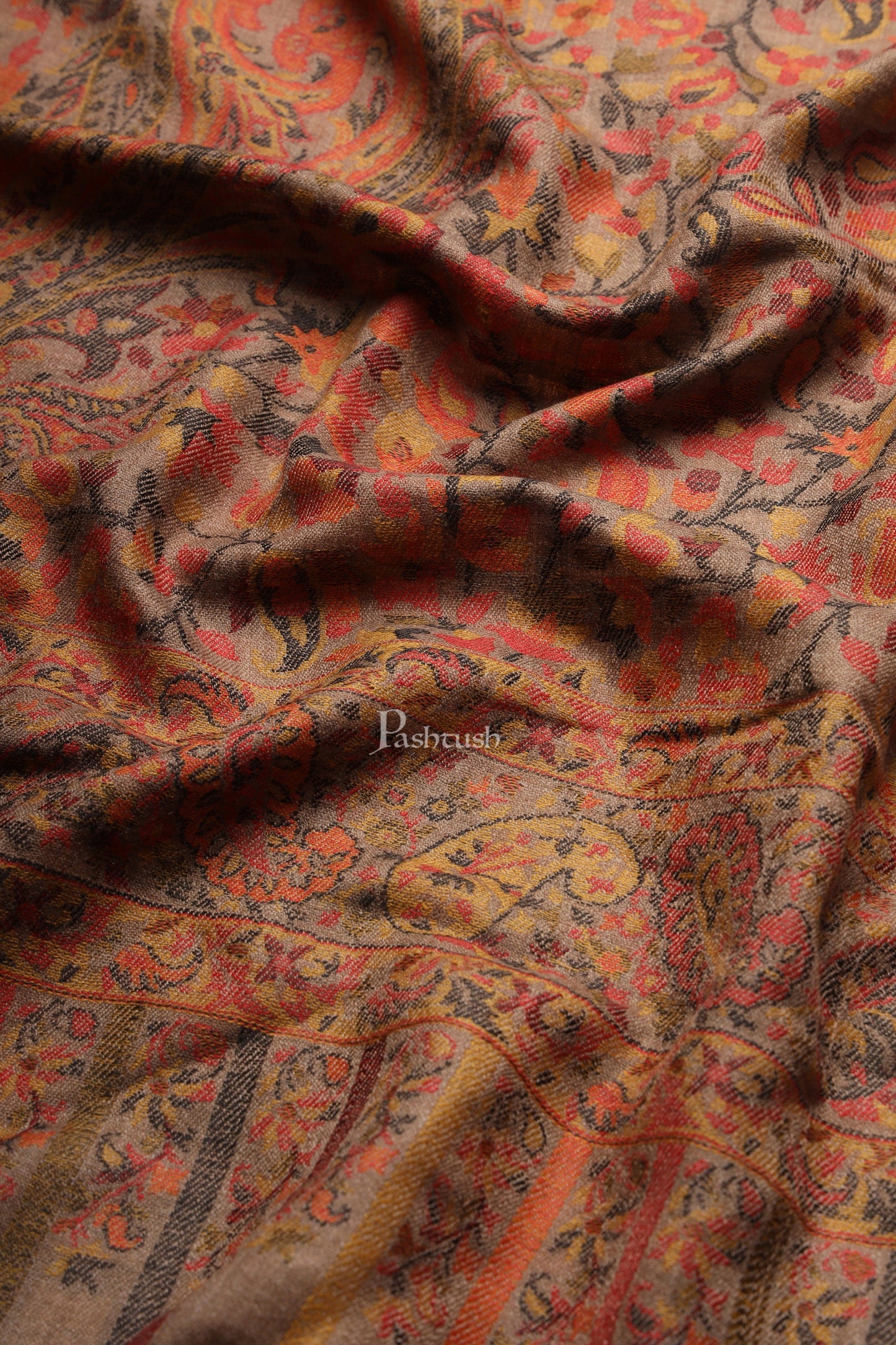 Pashtush India Womens Stoles and Scarves Scarf Pashtush Womens Extra Fine Wool Stole, Woven Ethnic Weave Design, Taupe