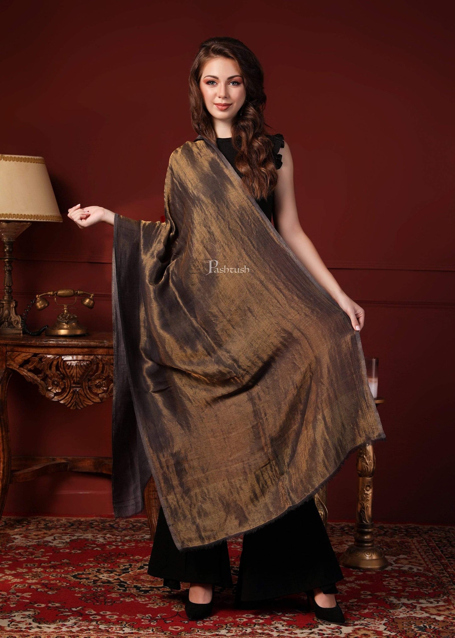 Pashtush India Womens Shawls Pashtush Womens, Extra Fine Wool, Twilight Shawl, With Shimmery Zari Thread Weave, Grey Gold