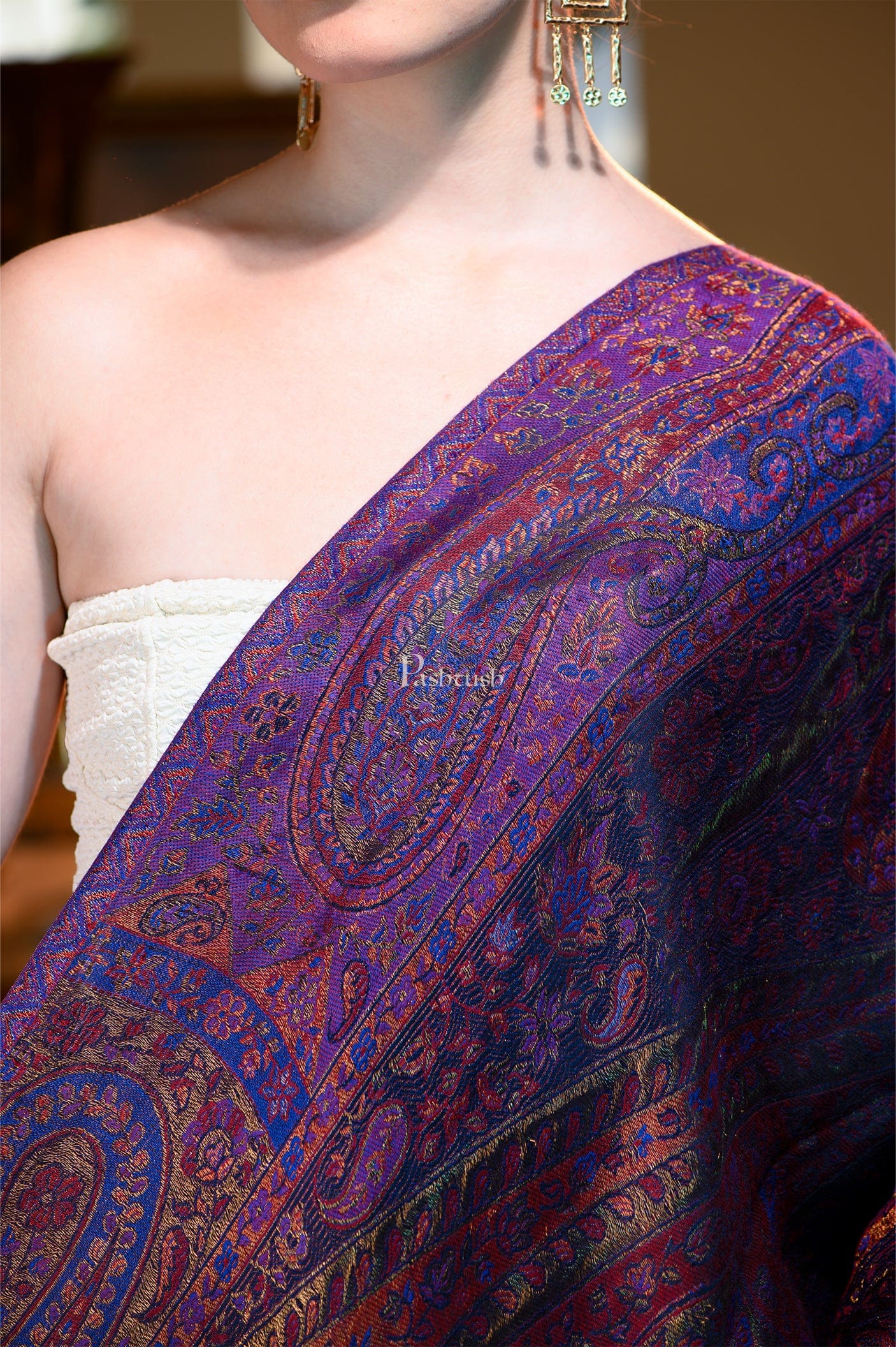 Pashtush India Womens Stoles and Scarves Scarf Pashtush Womens Extra Fine Wool twilight Stole With Shimmery Zari Thread Weave, Multicolour