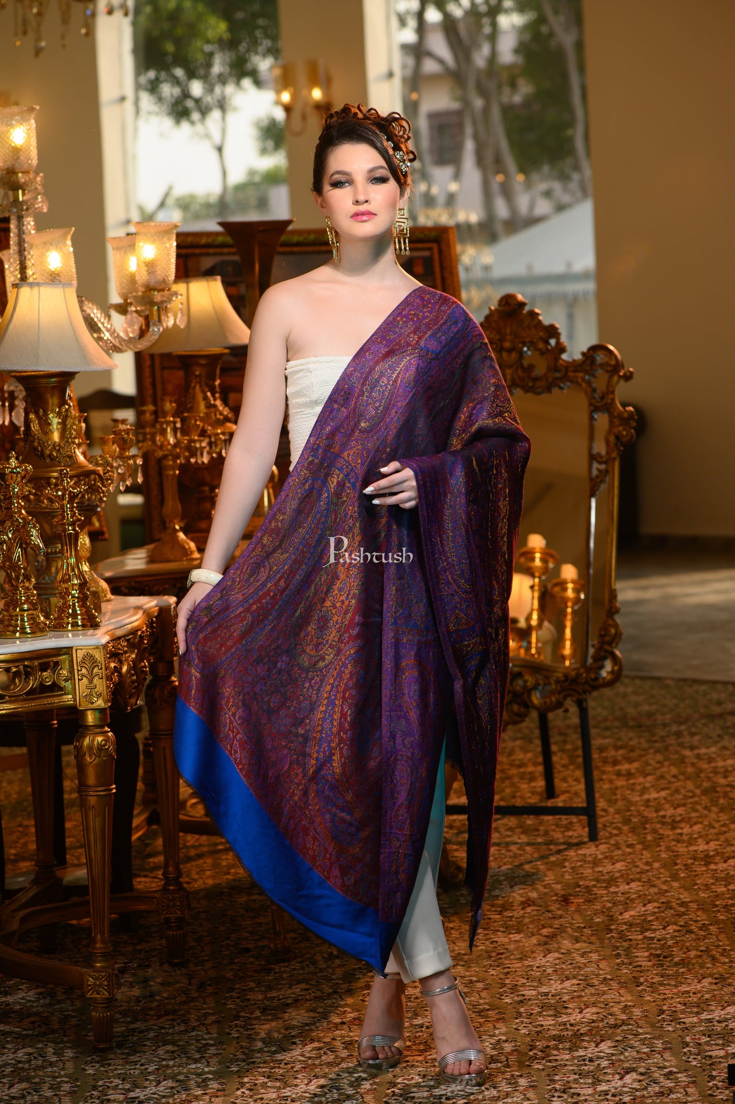 Pashtush India Womens Stoles and Scarves Scarf Pashtush Womens Extra Fine Wool twilight Stole With Shimmery Zari Thread Weave, Multicolour