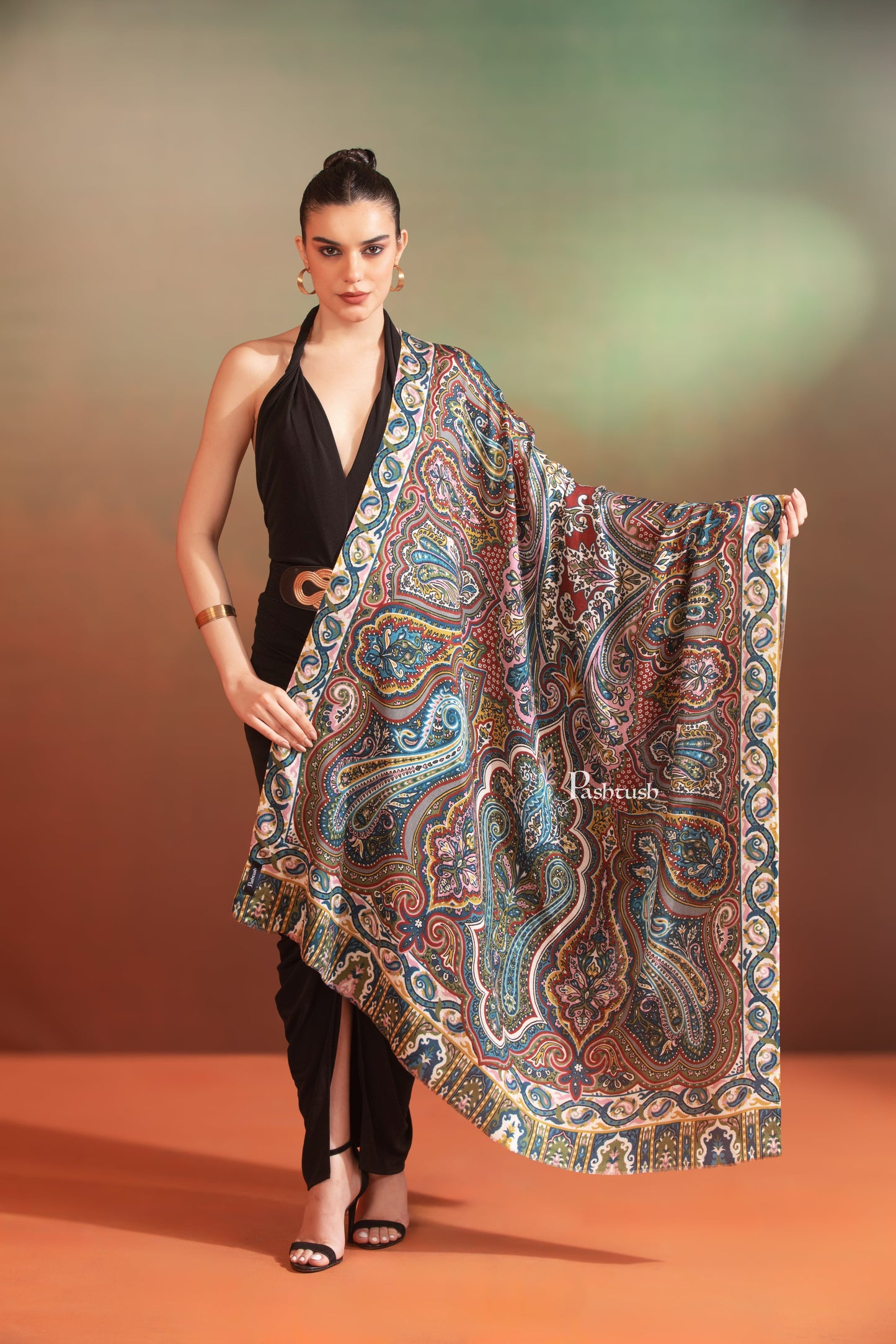 Pashtush India Womens Shawls Pashtush Womens Extra Soft Bamboo Shawl, Printed Paisley Design, Multicolour
