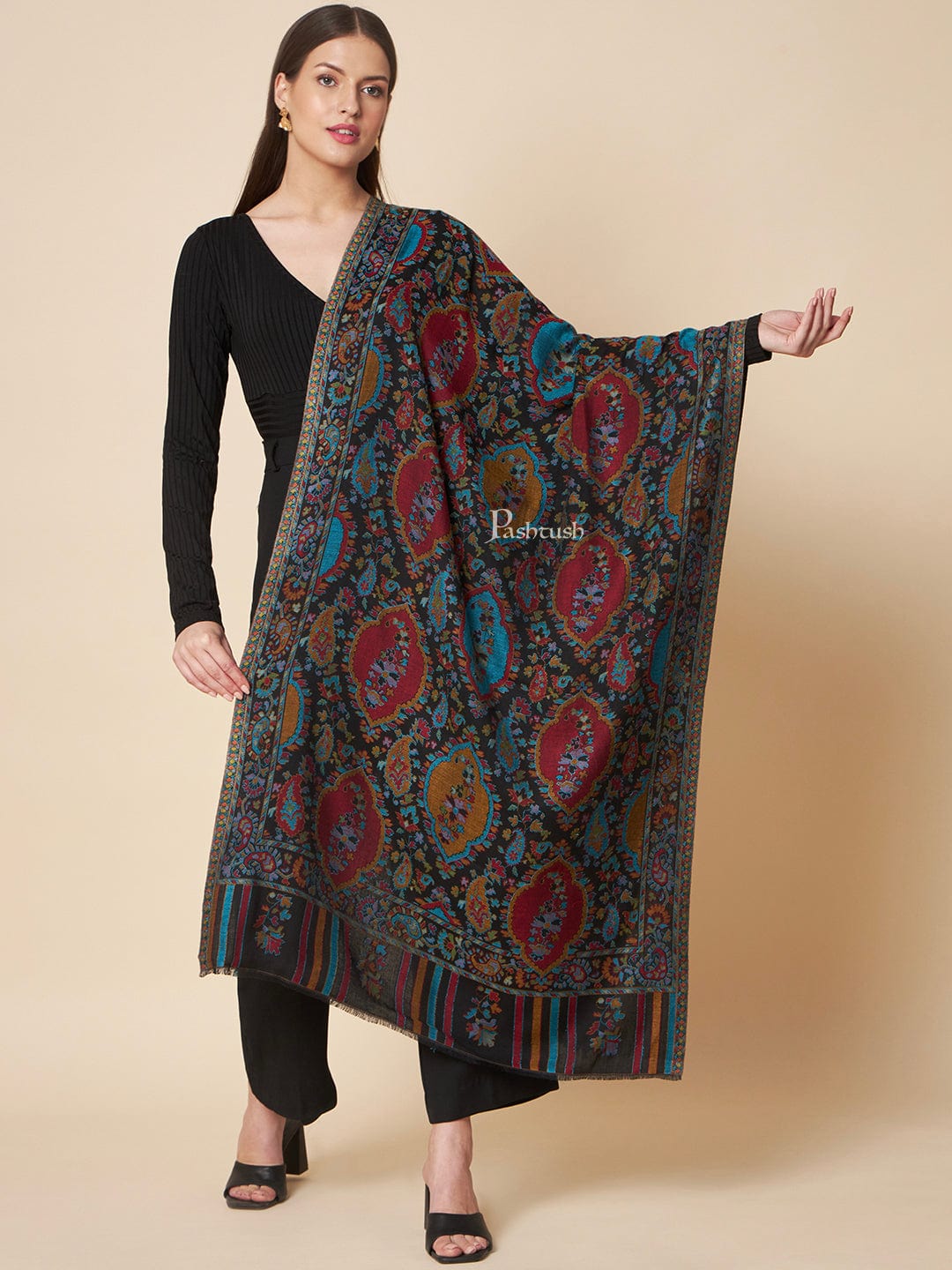 Pashtush India Womens Stoles and Scarves Scarf Pashtush Womens Extra Soft Bamboo Stole, Ethnic  Woven Jaal Design, Multicolour