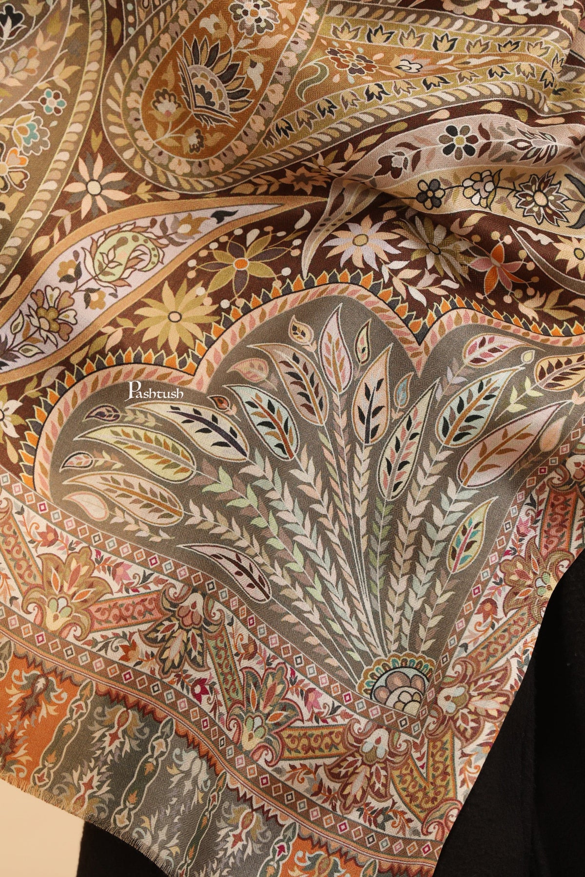 Pashtush India Womens Stoles and Scarves Scarf Pashtush Womens Extra Soft Bamboo Stole, Printed Design, Beige