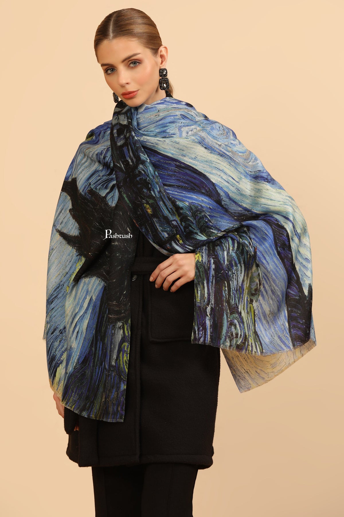Pashtush India Womens Stoles and Scarves Scarf Pashtush Womens Extra Soft Bamboo Stole, Printed Starry Night Design, Multicolour