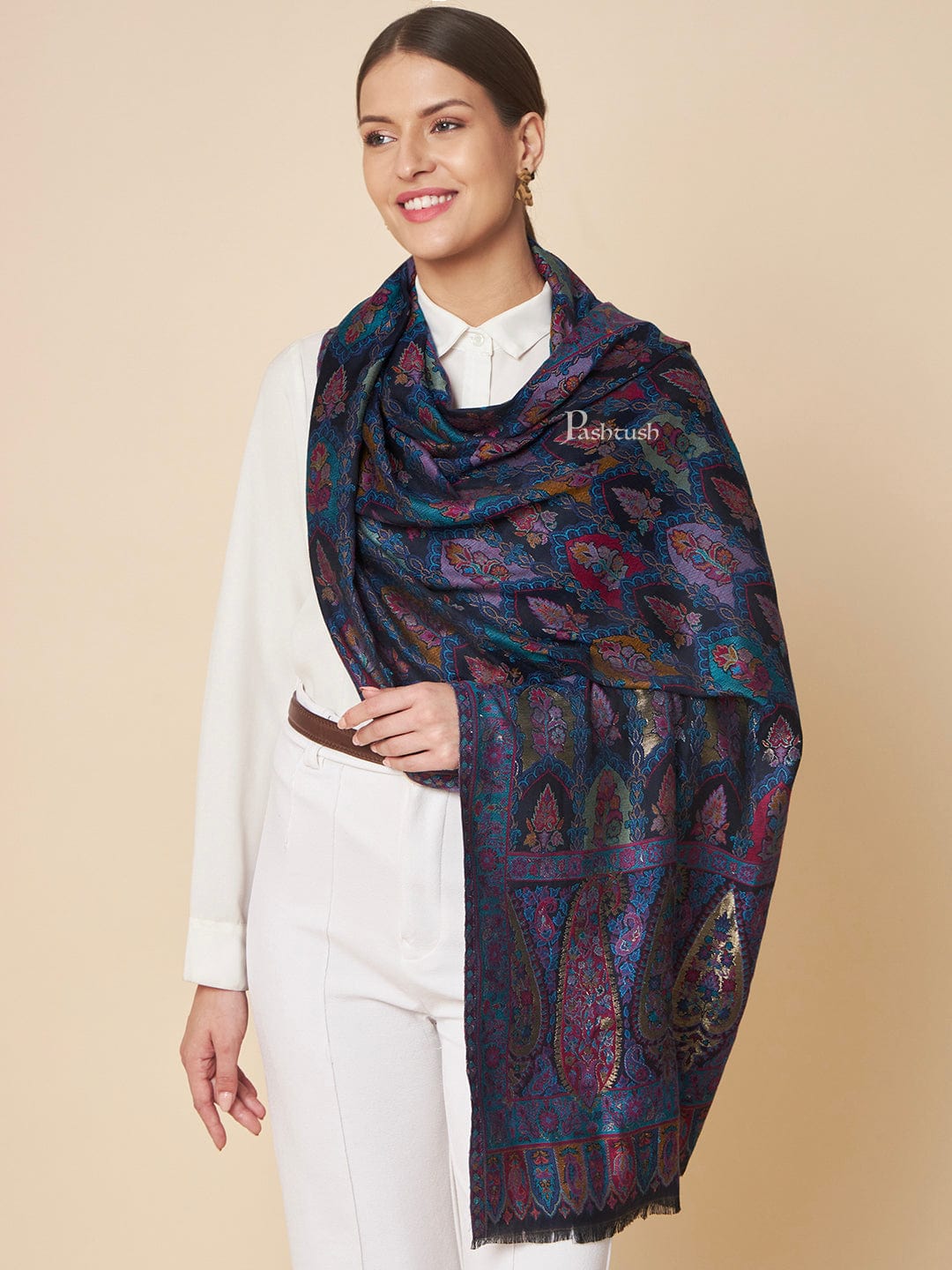 Pashtush India Womens Stoles and Scarves Scarf Pashtush Womens Extra Soft Bamboo Stole, Zari Design, Blue