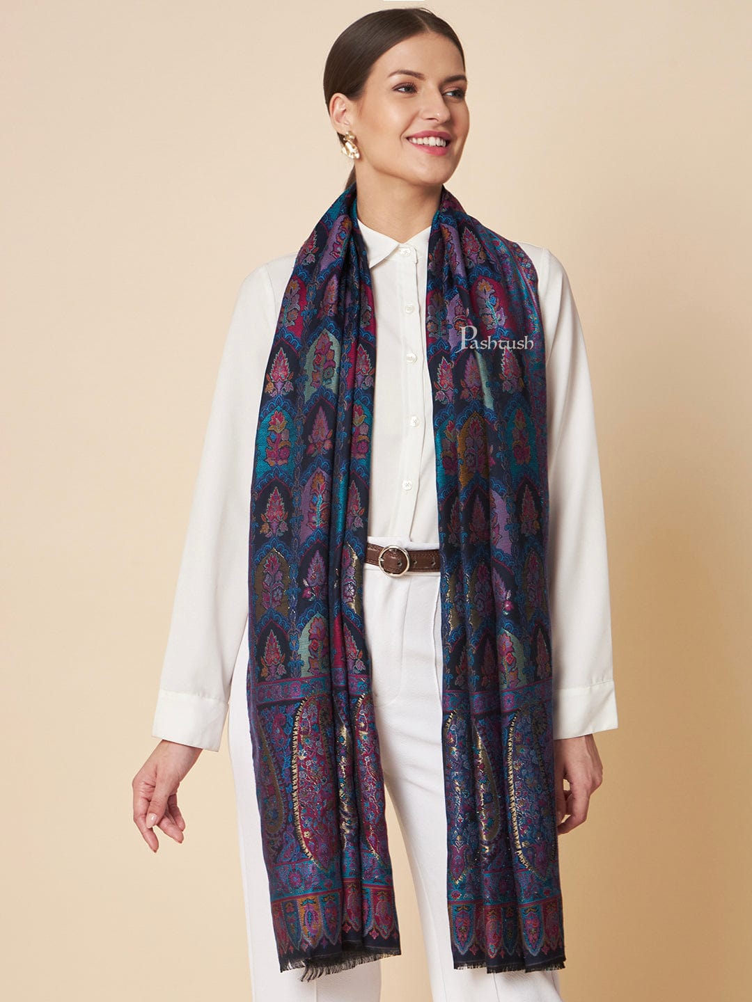 Pashtush India Womens Stoles and Scarves Scarf Pashtush Womens Extra Soft Bamboo Stole, Zari Design, Blue