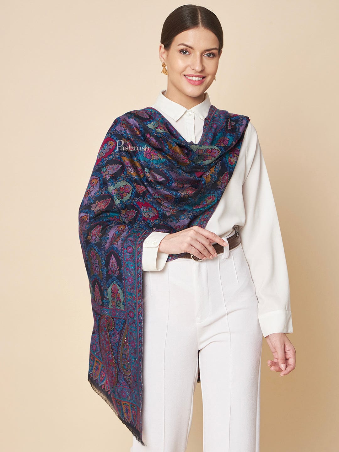 Pashtush India Womens Stoles and Scarves Scarf Pashtush Womens Extra Soft Bamboo Stole, Zari Design, Blue