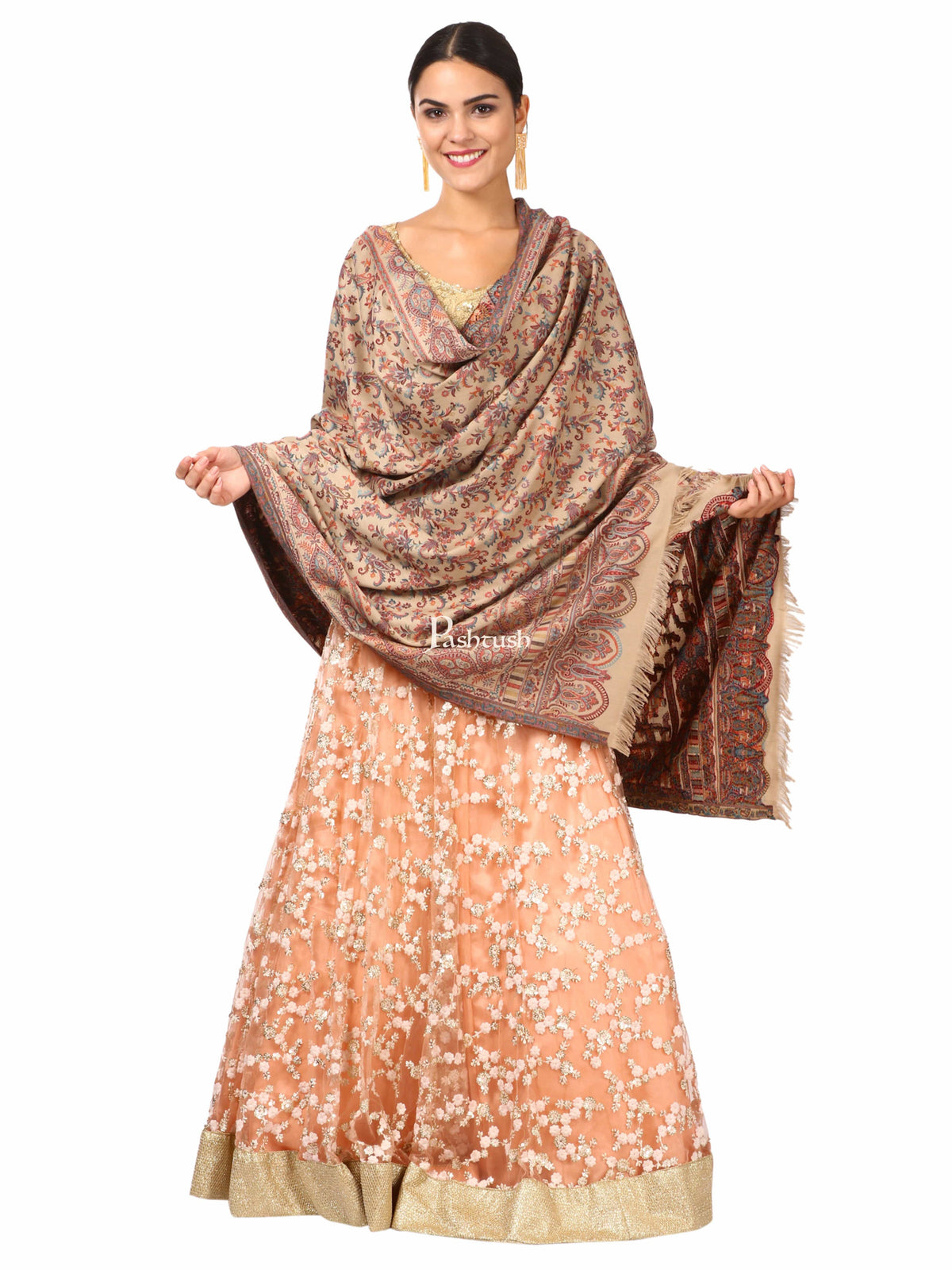 Pashtush India Womens Shawls Pashtush Womens Faux Pashmina, Ethnic Weave Shawl, Beige