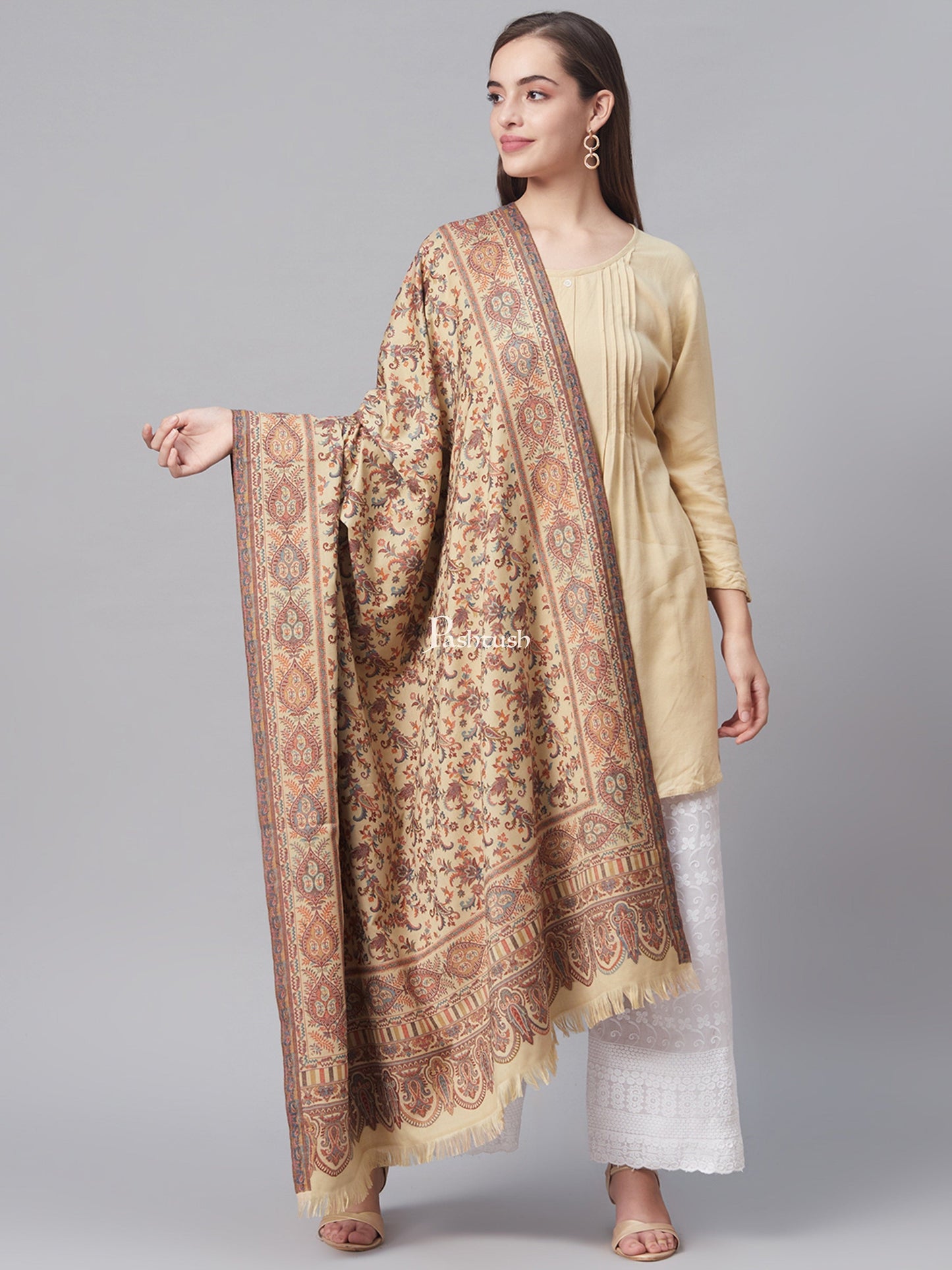 Pashtush India Womens Shawls Pashtush Womens Faux Pashmina, Ethnic Weave Shawl, Beige
