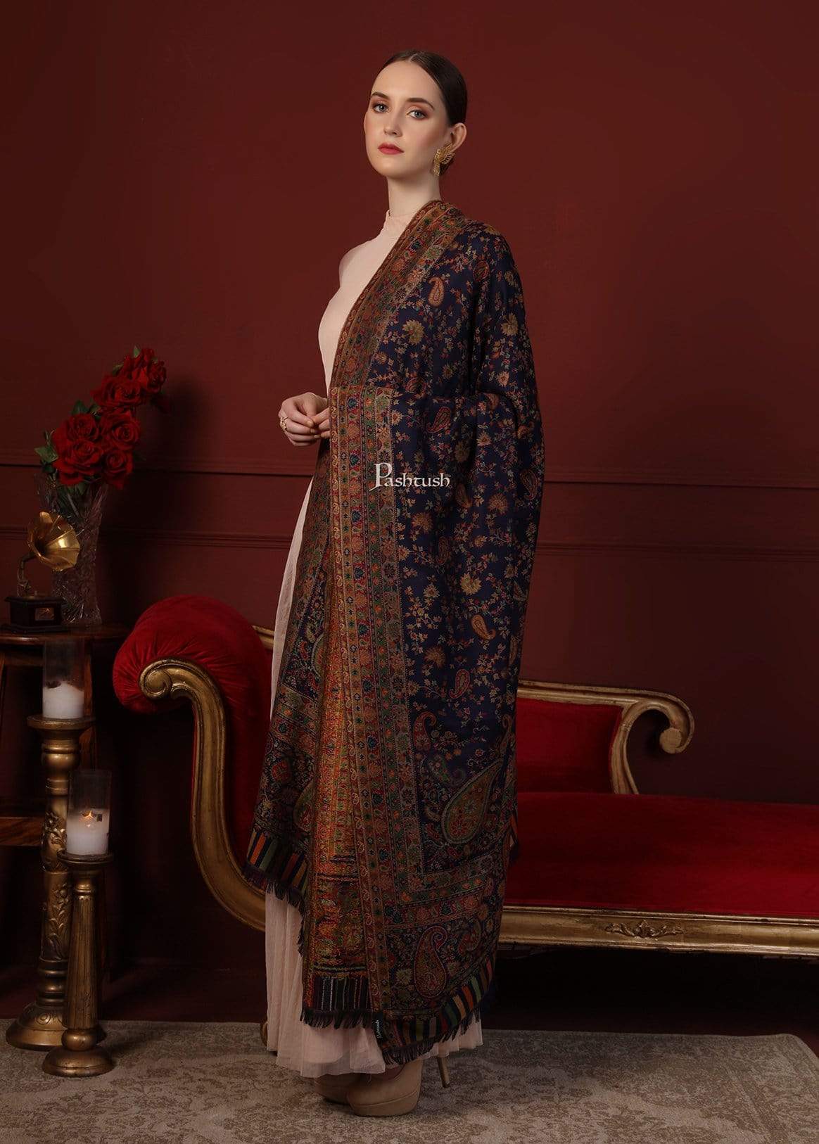 Pashtush India 100x200 Pashtush Womens Faux Pashmina Kaani Weave Shawl, Navy Blue