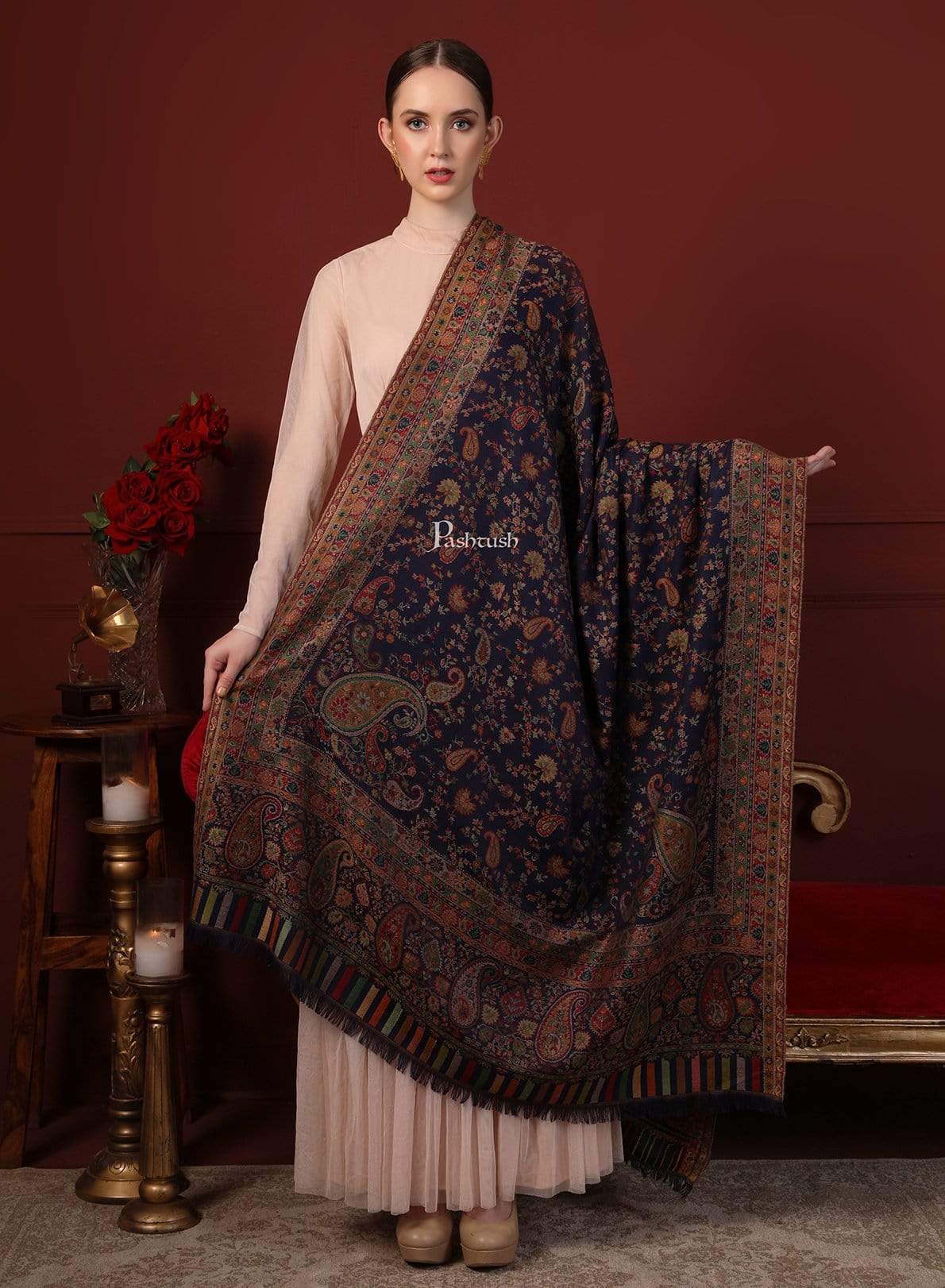 Pashtush India 100x200 Pashtush Womens Faux Pashmina Kaani Weave Shawl, Navy Blue