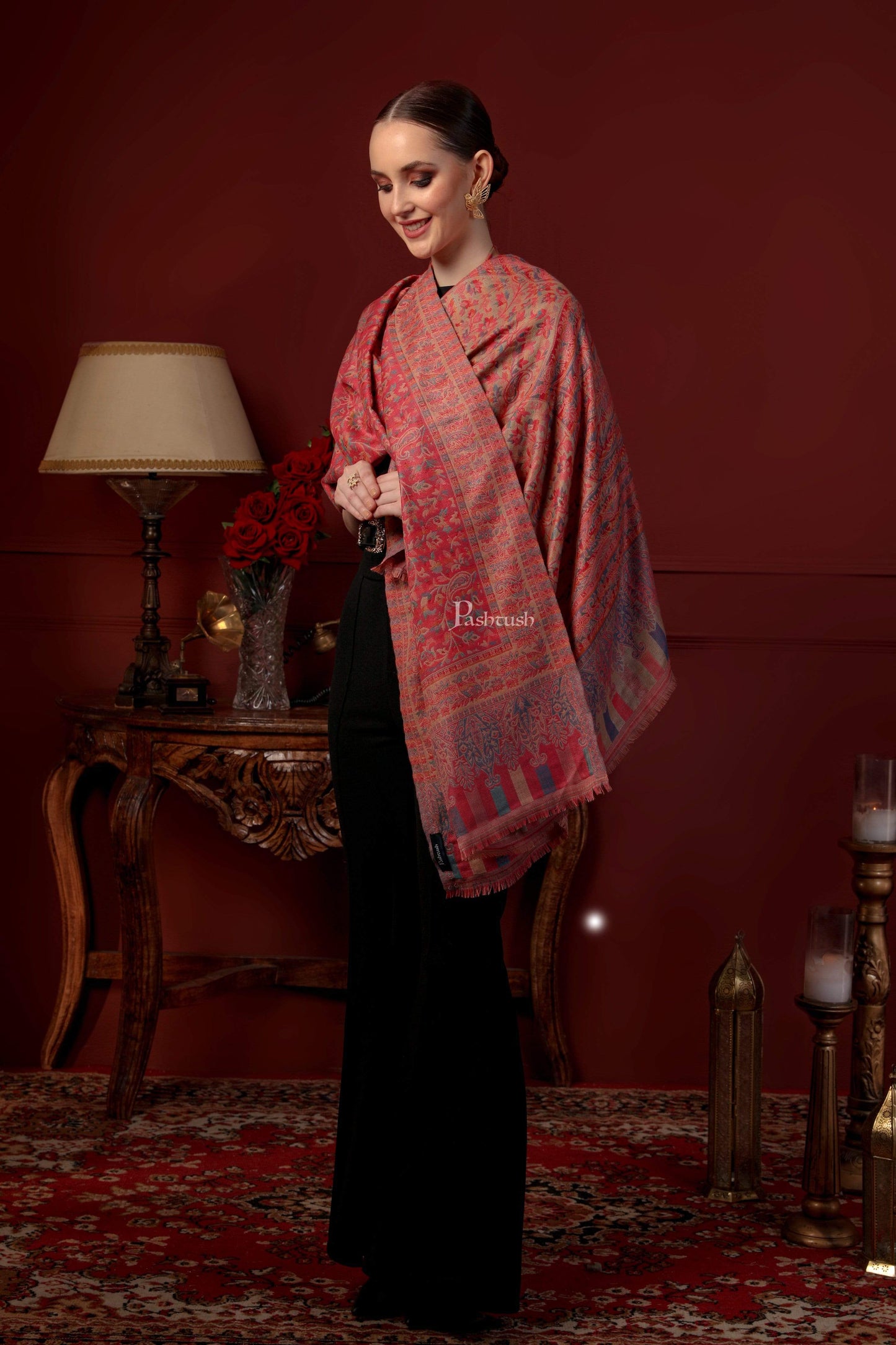 Pashtush India 100x200 Pashtush Womens Faux Pashmina Pink and Beige Jamawar Shawl