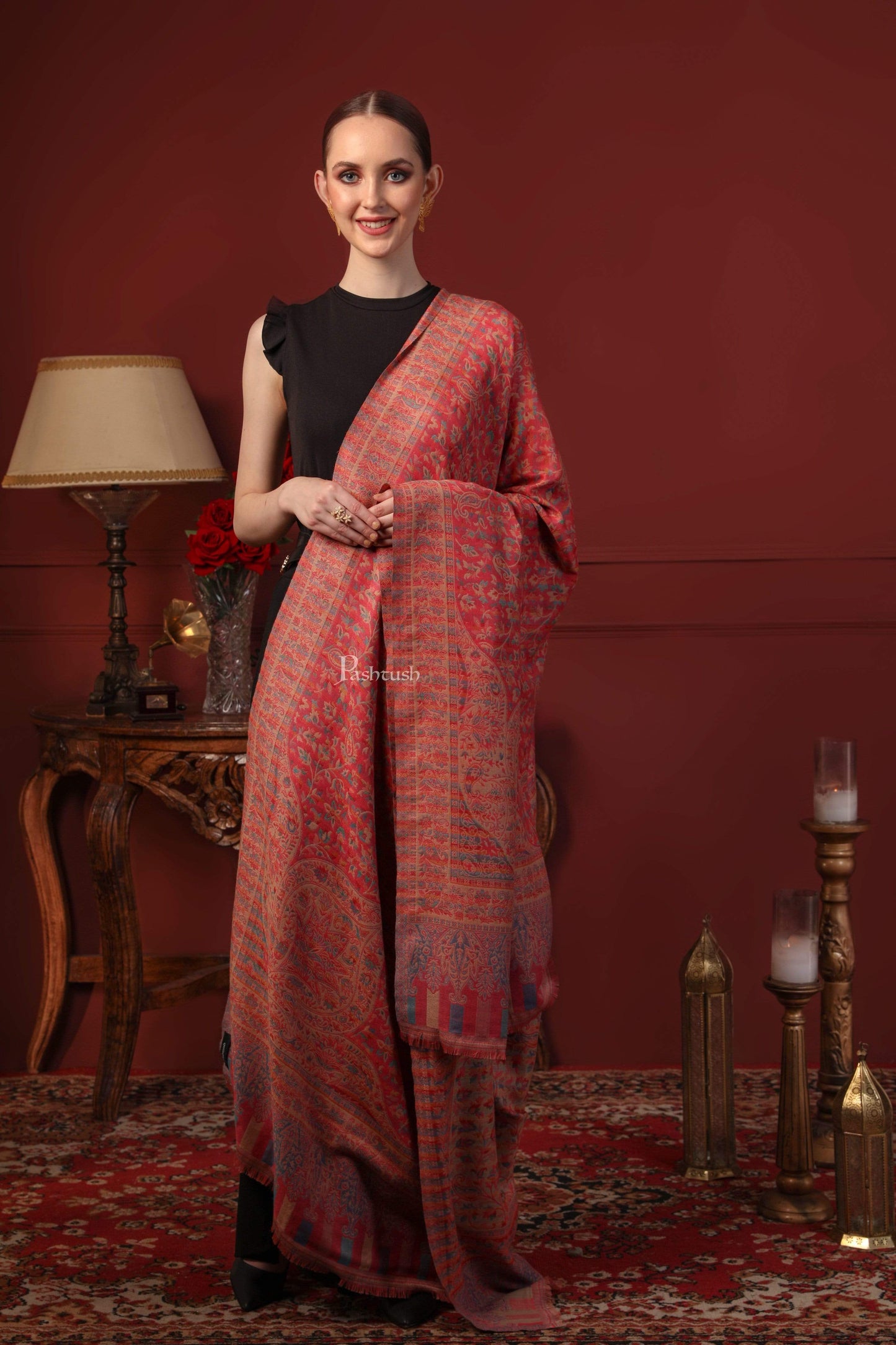 Pashtush India 100x200 Pashtush Womens Faux Pashmina Pink and Beige Jamawar Shawl