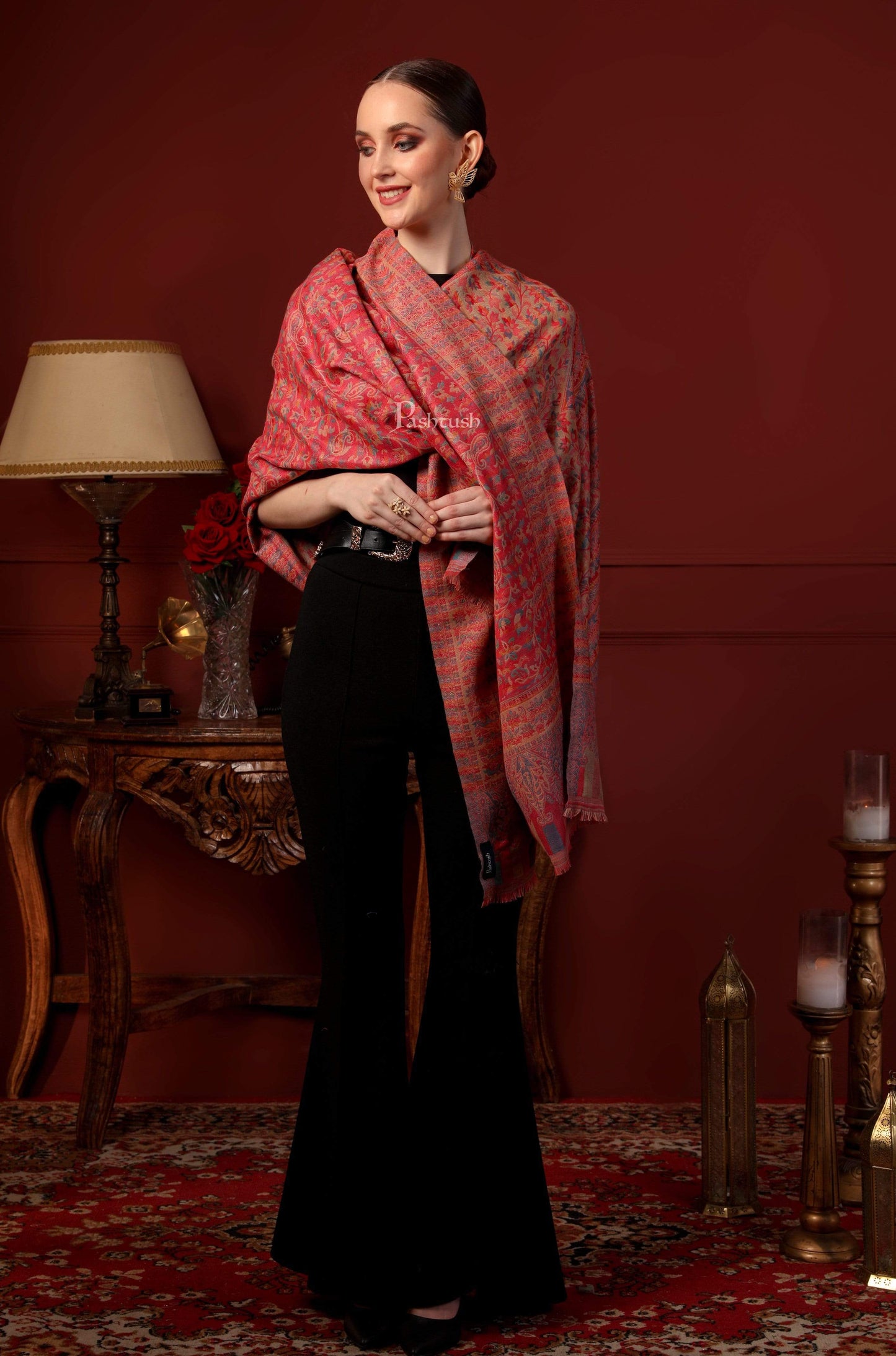 Pashtush India 100x200 Pashtush Womens Faux Pashmina Pink and Beige Jamawar Shawl