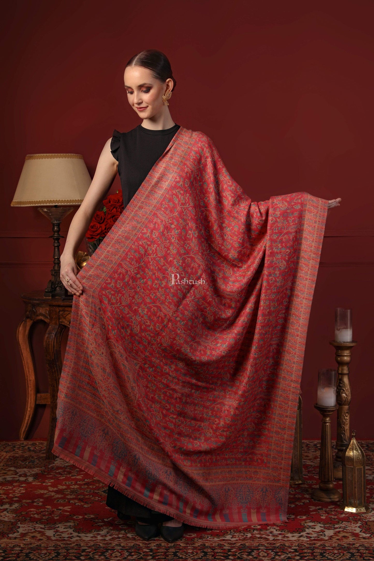Pashtush India 100x200 Pashtush Womens Faux Pashmina Pink and Beige Jamawar Shawl