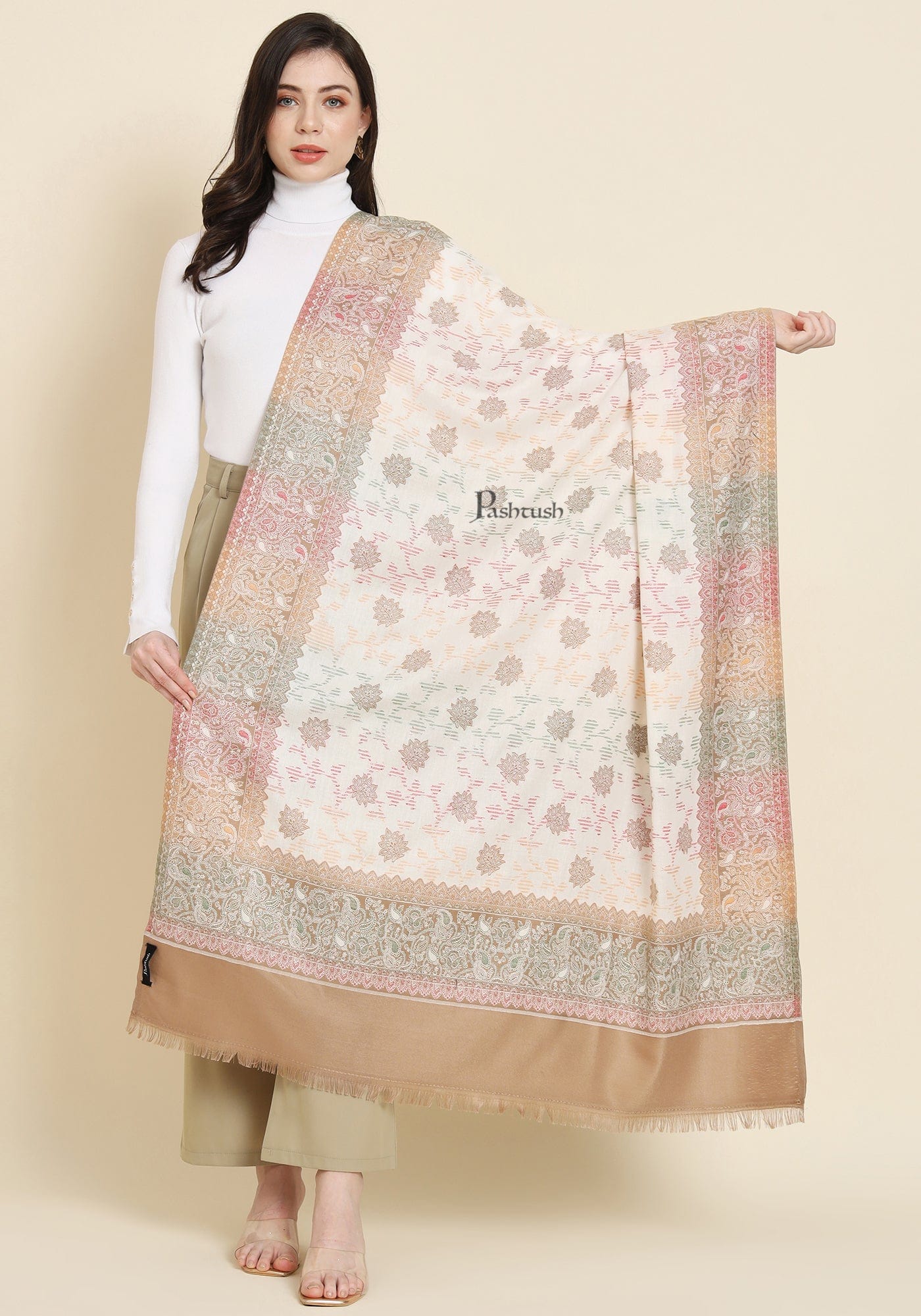 Pashtush India Womens Shawls Pashtush Womens Faux Pashmina Shawl, Design, Ivory