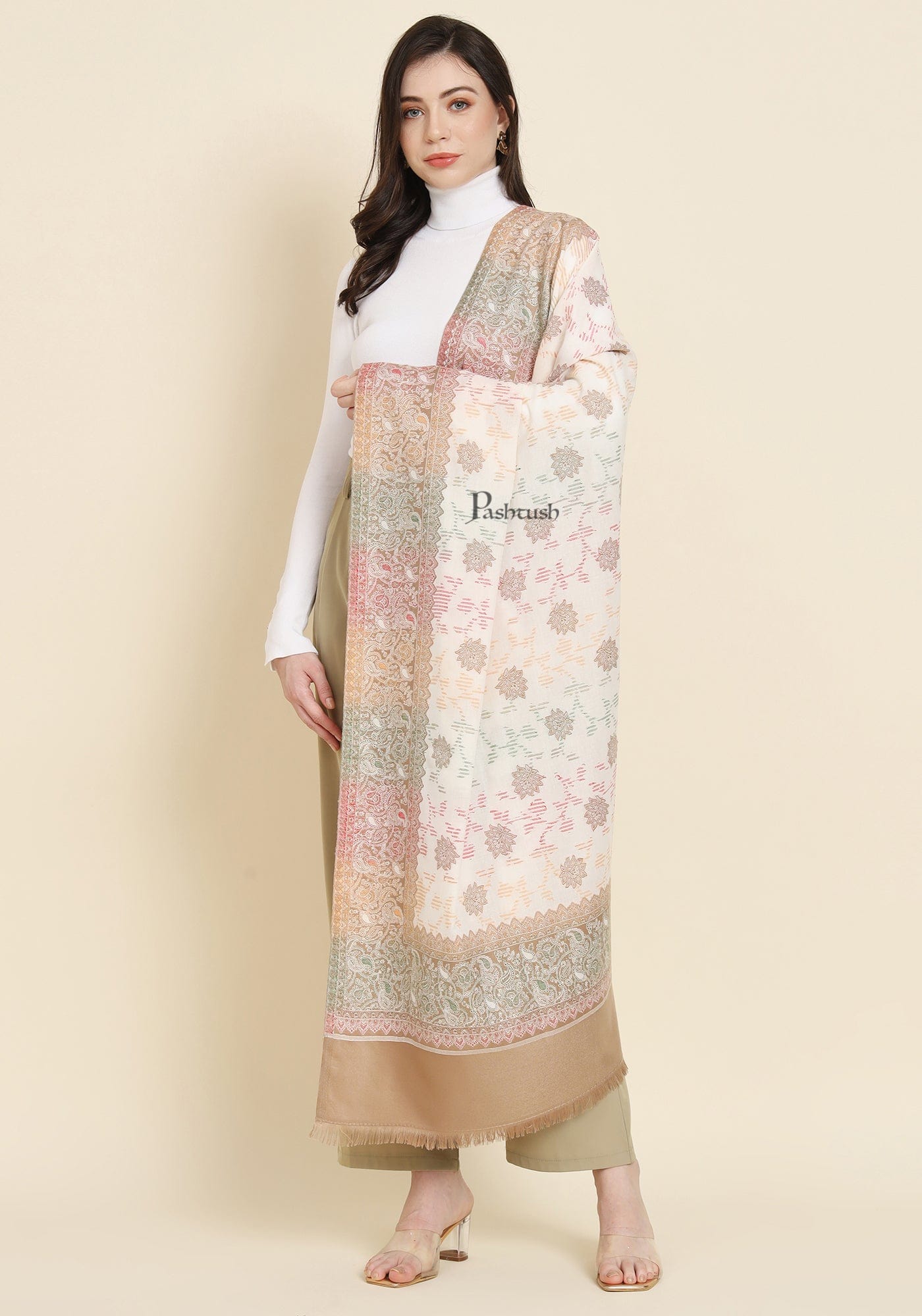 Pashtush India Womens Shawls Pashtush Womens Faux Pashmina Shawl, Design, Ivory