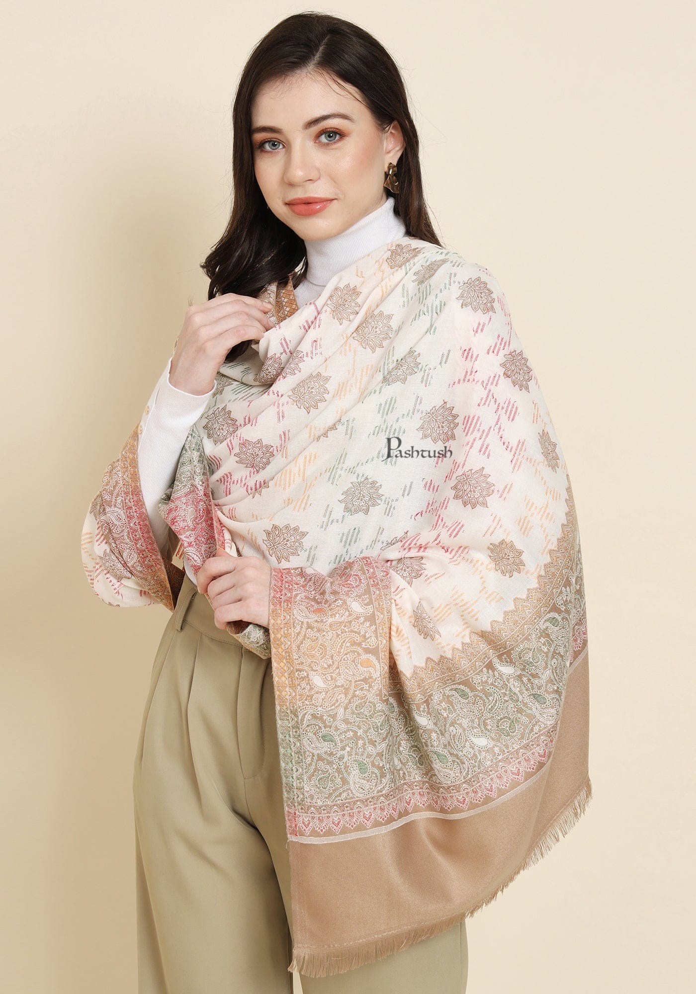 Pashtush India Womens Shawls Pashtush Womens Faux Pashmina Shawl, Design, Ivory
