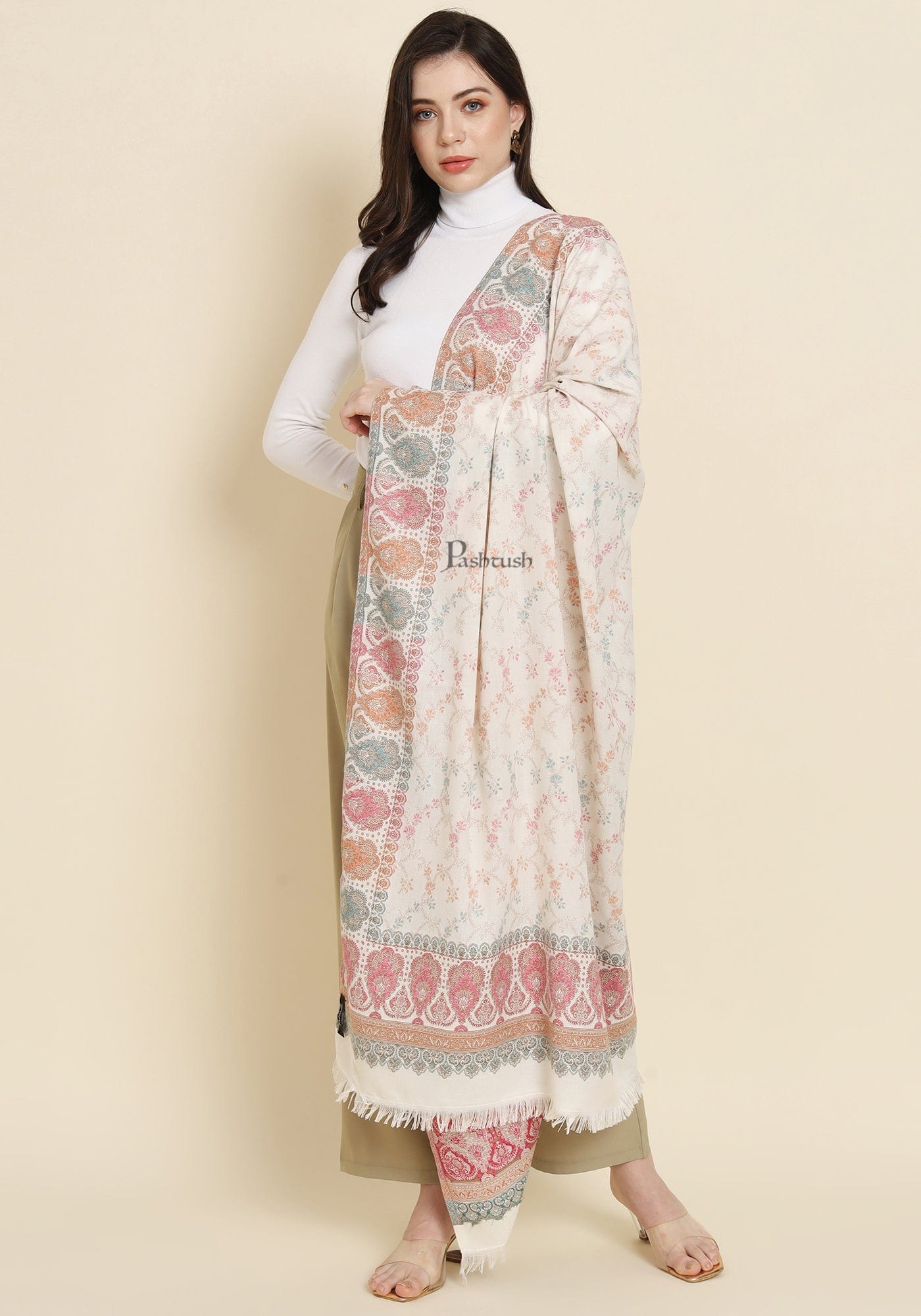 Pashtush India Womens Shawls Pashtush Womens Faux Pashmina Shawl, Design, Ivory
