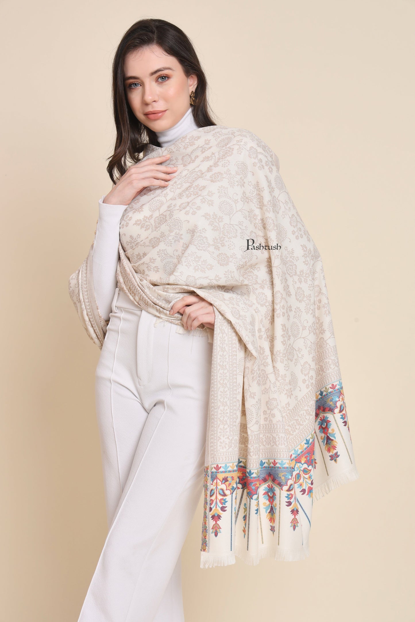 Pashtush India Womens Shawls Pashtush Womens Faux Pashmina Shawl, Design, Ivory
