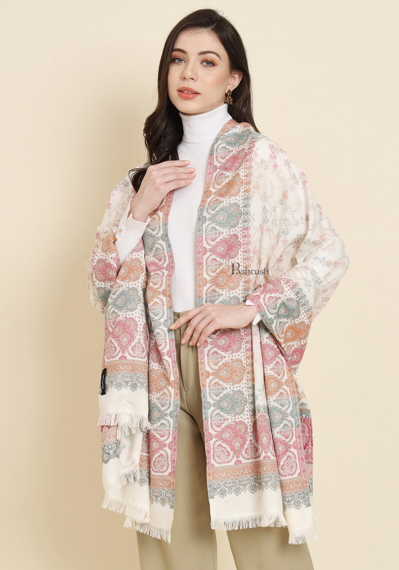 Pashtush India Womens Shawls Pashtush Womens Faux Pashmina Shawl, Design, Ivory