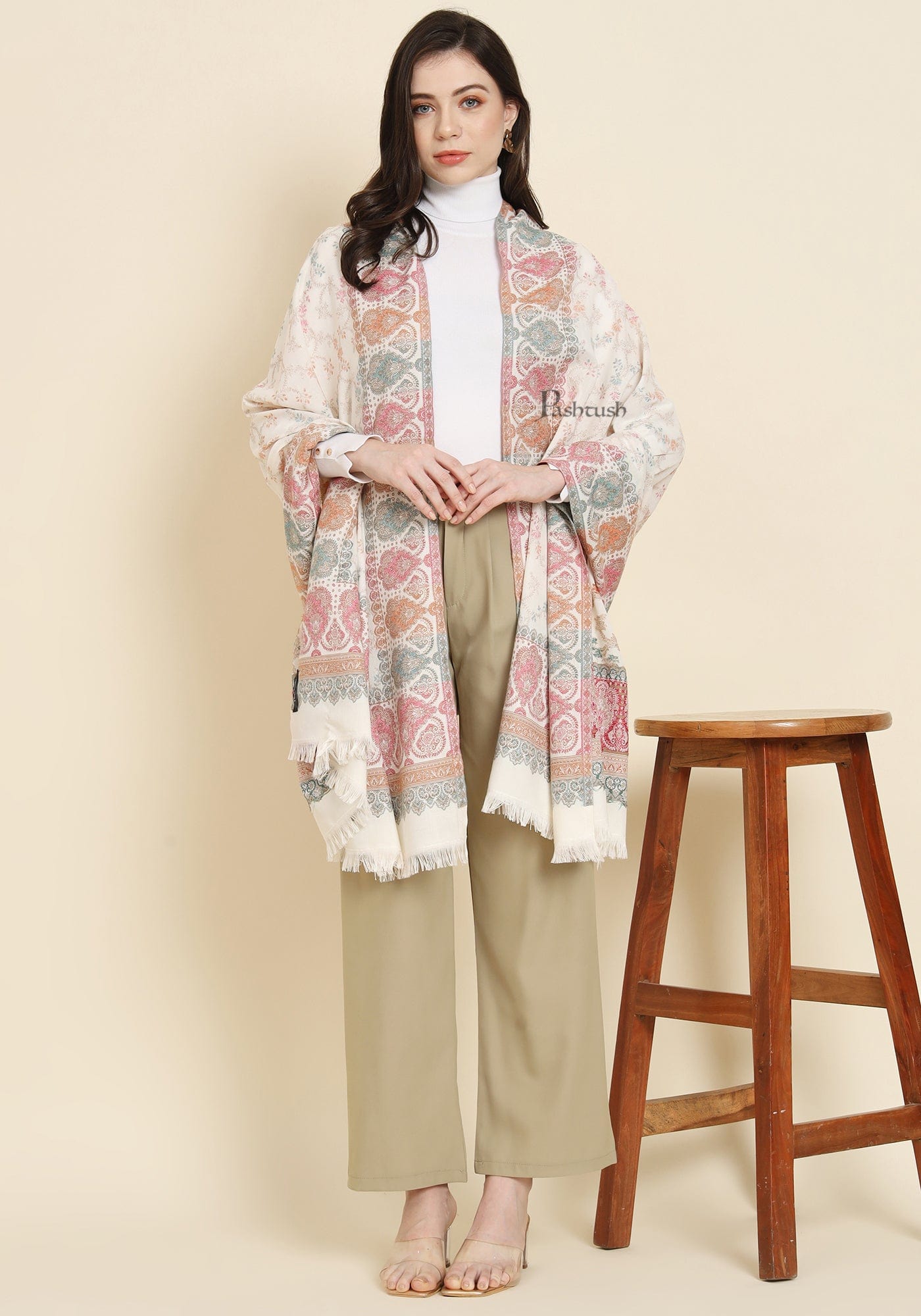 Pashtush India Womens Shawls Pashtush Womens Faux Pashmina Shawl, Design, Ivory
