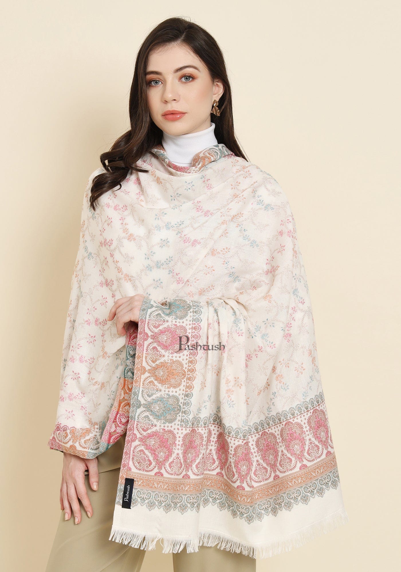 Pashtush India Womens Shawls Pashtush Womens Faux Pashmina Shawl, Design, Ivory