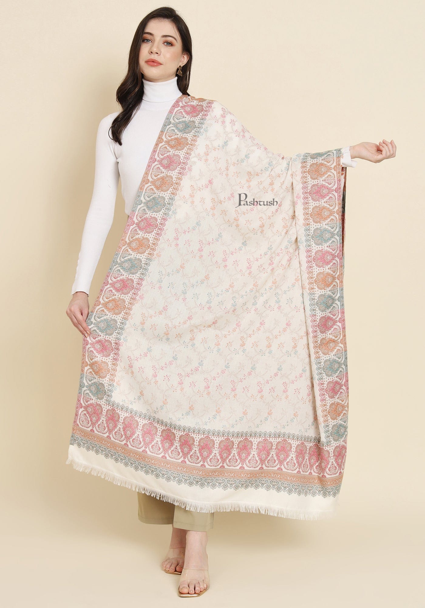 Pashtush India Womens Shawls Pashtush Womens Faux Pashmina Shawl, Design, Ivory