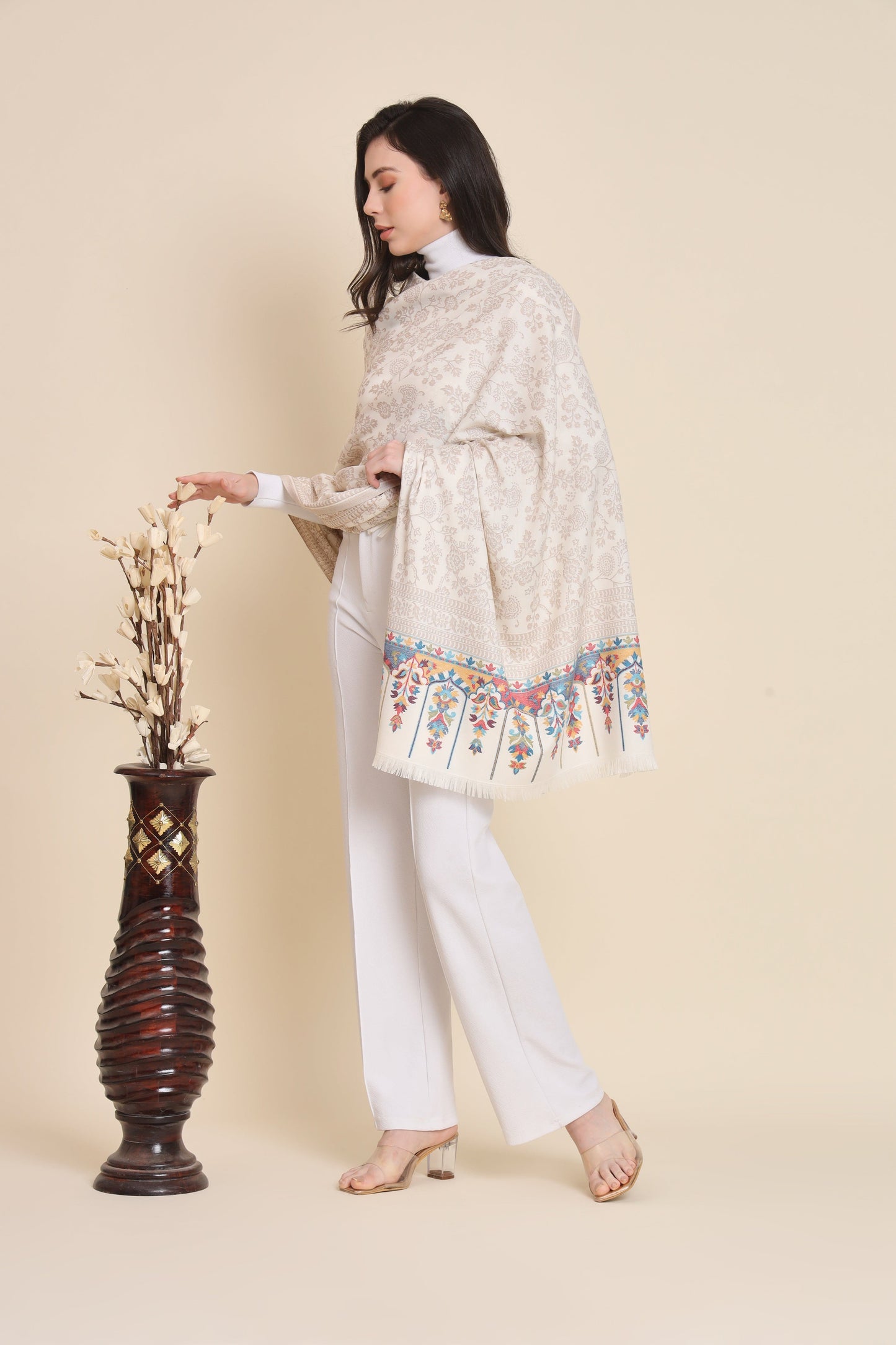 Pashtush India Womens Shawls Pashtush Womens Faux Pashmina Shawl, Design, Ivory