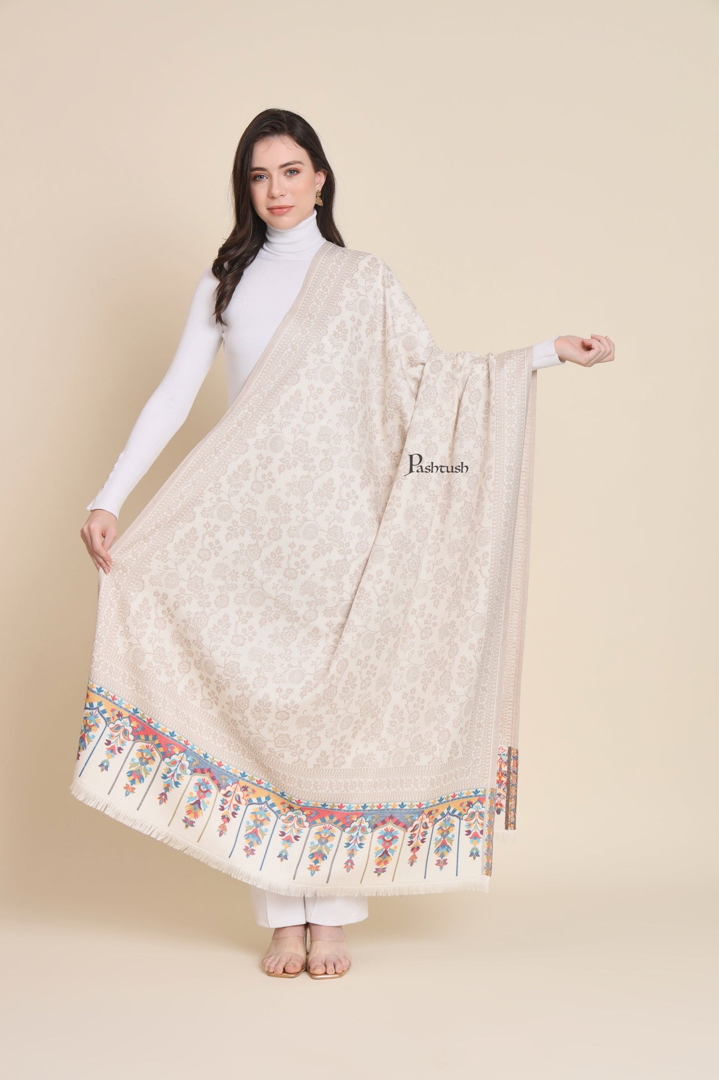 Pashtush India Womens Shawls Pashtush Womens Faux Pashmina Shawl, Design, Ivory