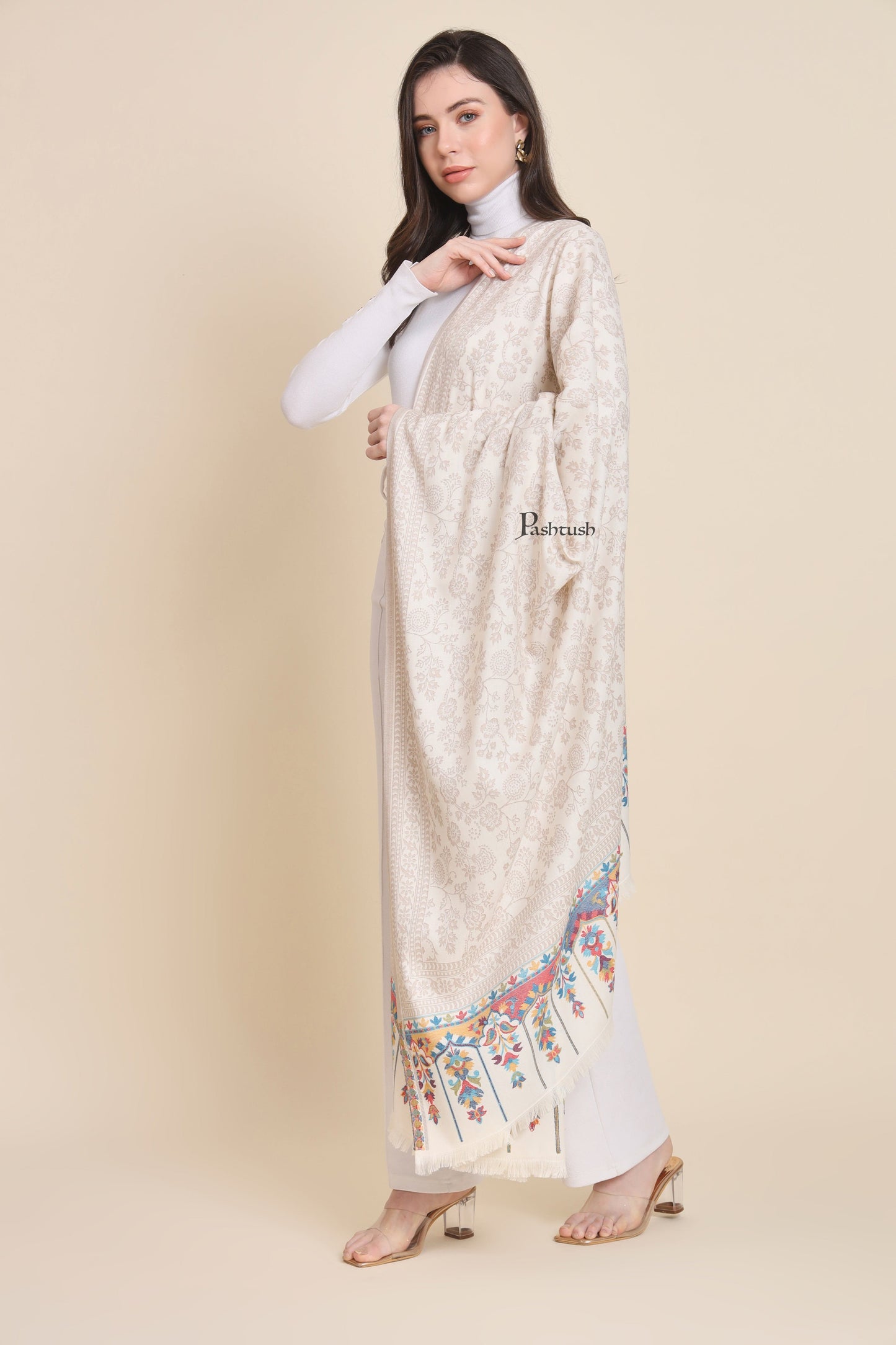 Pashtush India Womens Shawls Pashtush Womens Faux Pashmina Shawl, Design, Ivory