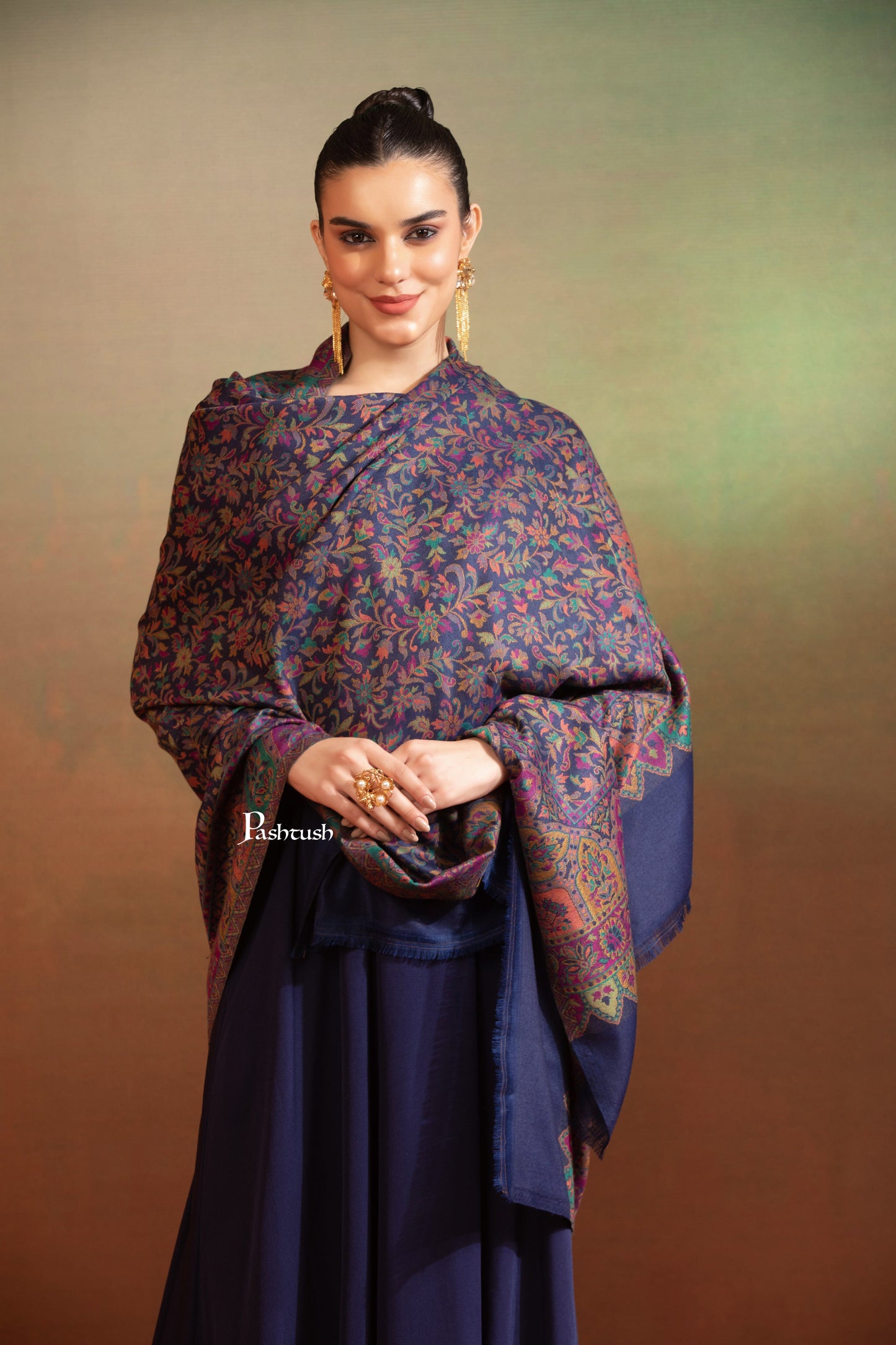 Pashtush India Womens Shawls Pashtush Womens Faux Pashmina Shawl, Ethnic Jamawar Design, Blue