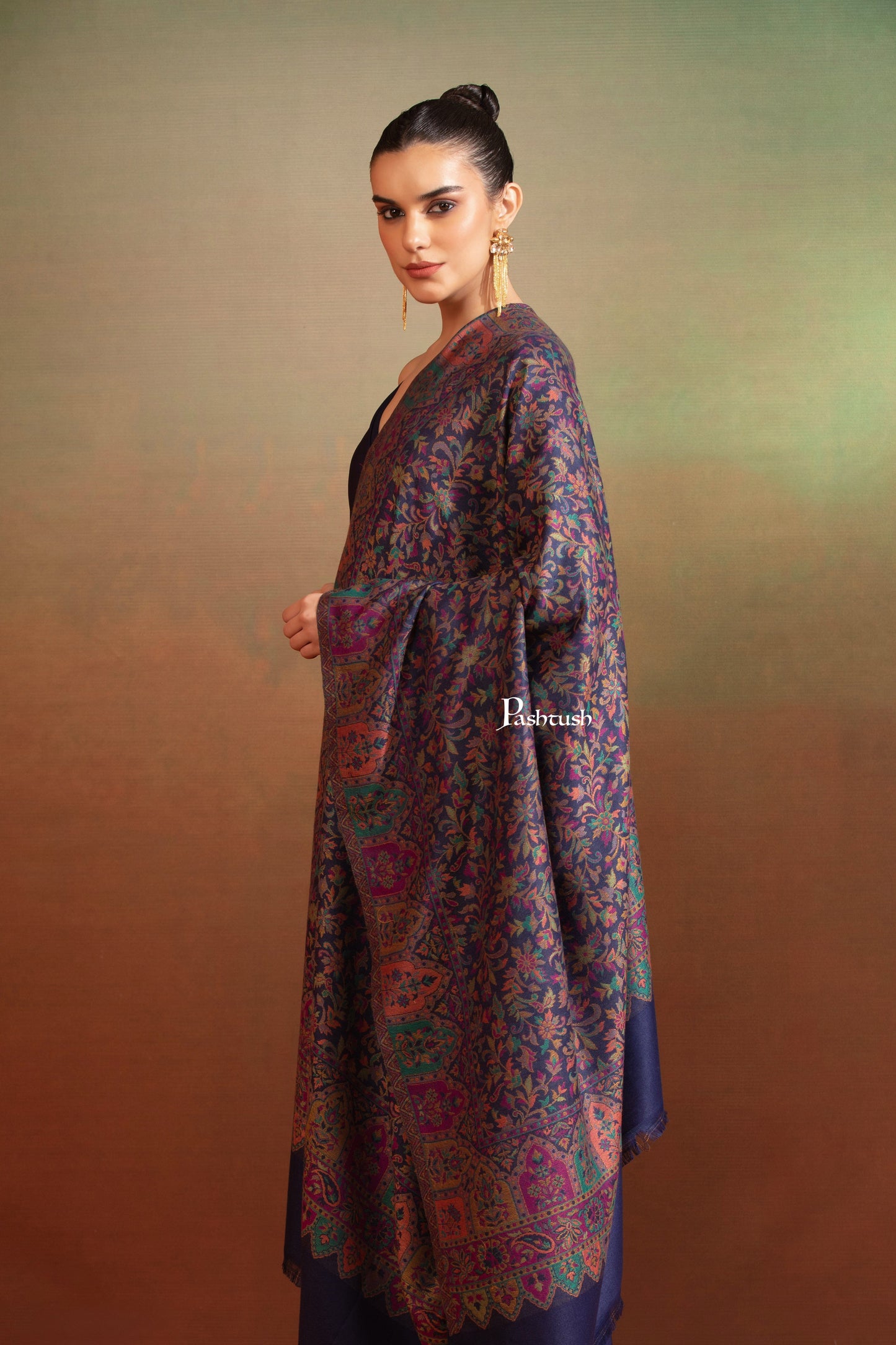 Pashtush India Womens Shawls Pashtush Womens Faux Pashmina Shawl, Ethnic Jamawar Design, Blue