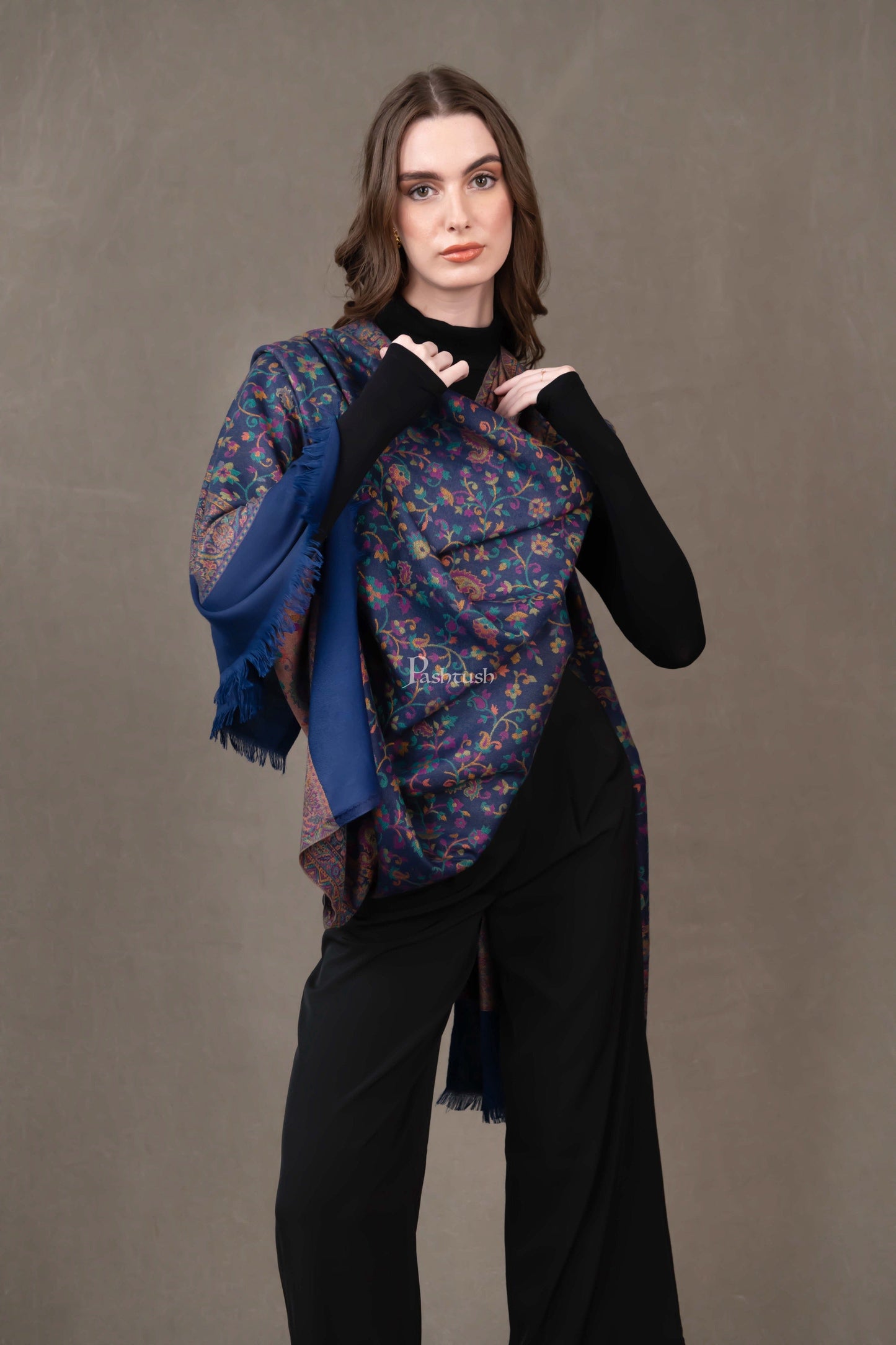 Pashtush India Womens Shawls Pashtush Womens Faux Pashmina Shawl, Ethnic Jamawar Design, Navy Blue