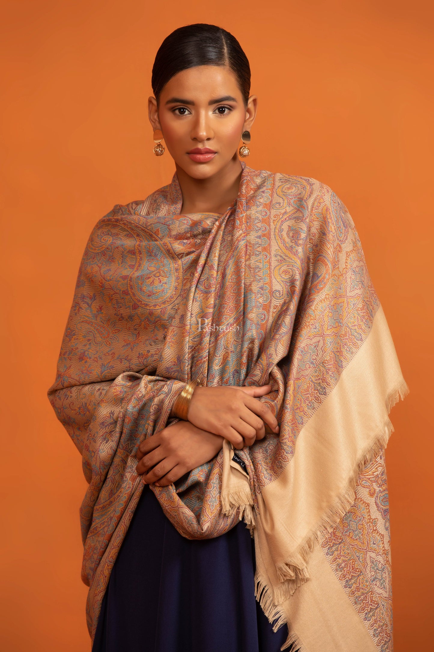 Pashtush India womens scarf and Stoles Pashtush Womens Faux Pashmina Shawl, Ethnic Weave Design, Beige