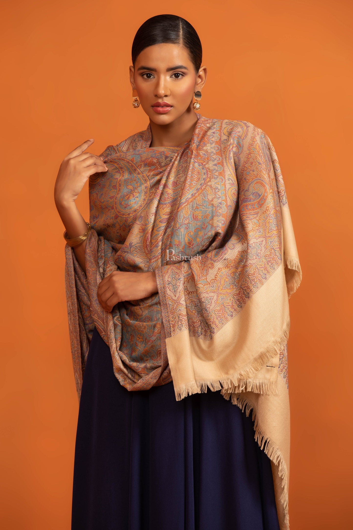 Pashtush India womens scarf and Stoles Pashtush Womens Faux Pashmina Shawl, Ethnic Weave Design, Beige